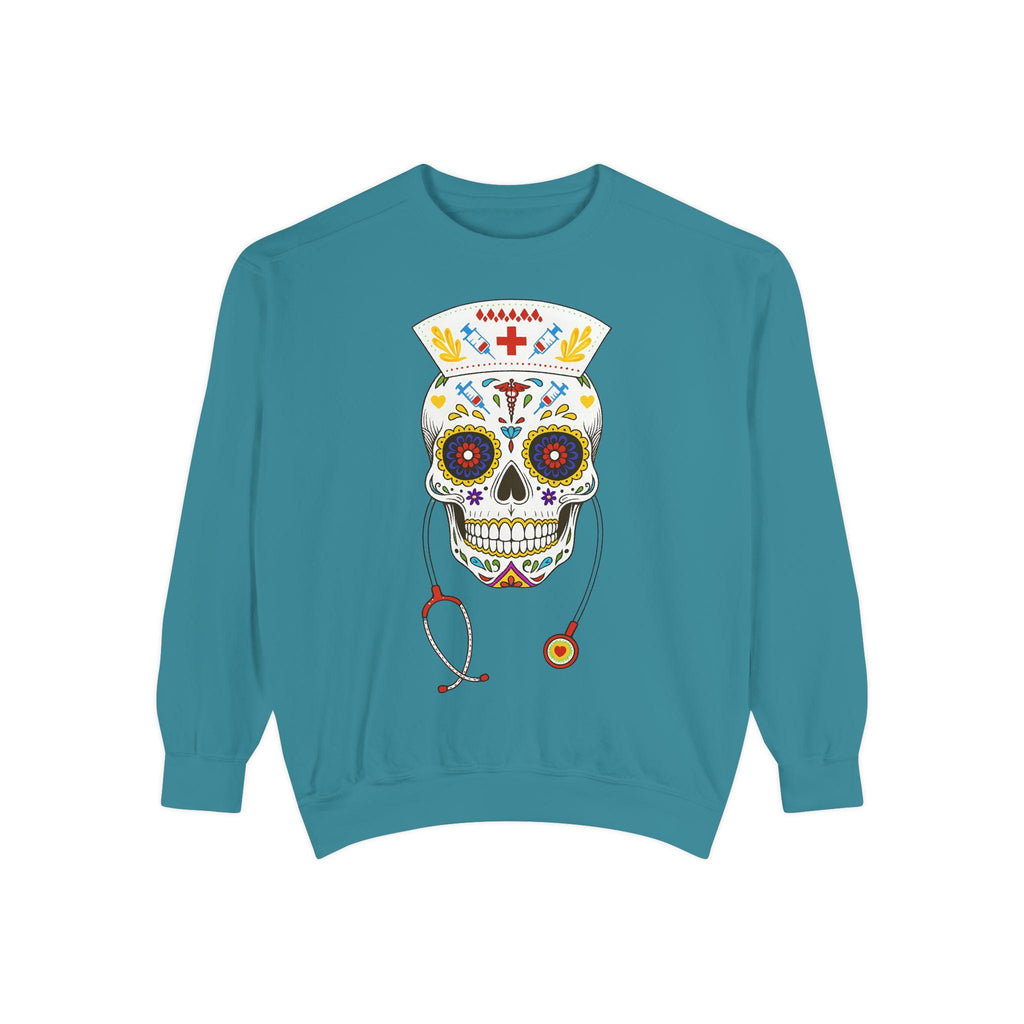 Halloween Nurse Skull Sweatshirt, Spooky RN Day of the Dead Top, Gothic Medical Fall Pullover, Retro Skeleton Apparel, Gift for Nurse