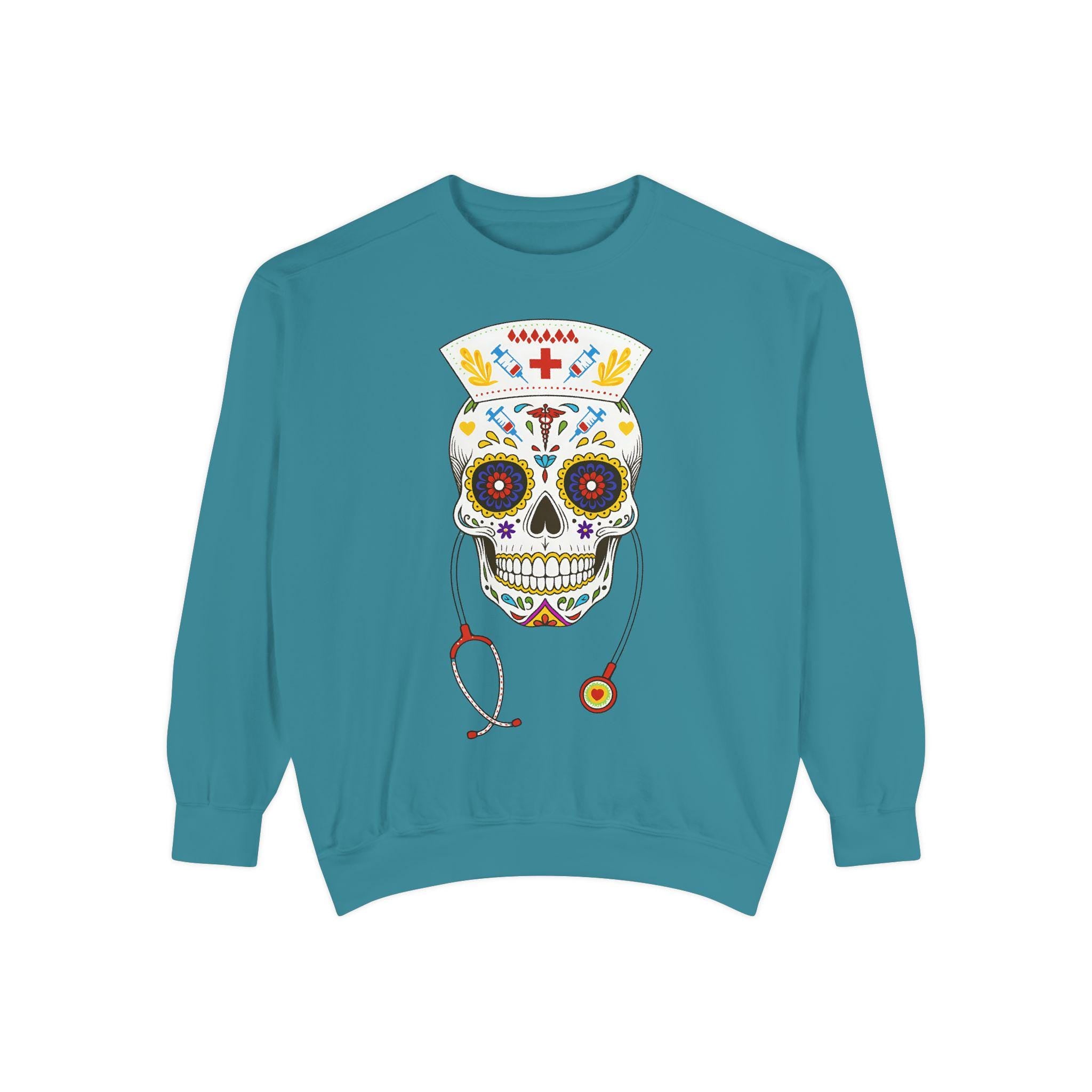 Halloween Nurse Skull Sweatshirt, Spooky RN Day of the Dead Top, Gothic Medical Fall Pullover, Retro Skeleton Apparel, Gift for Nurse