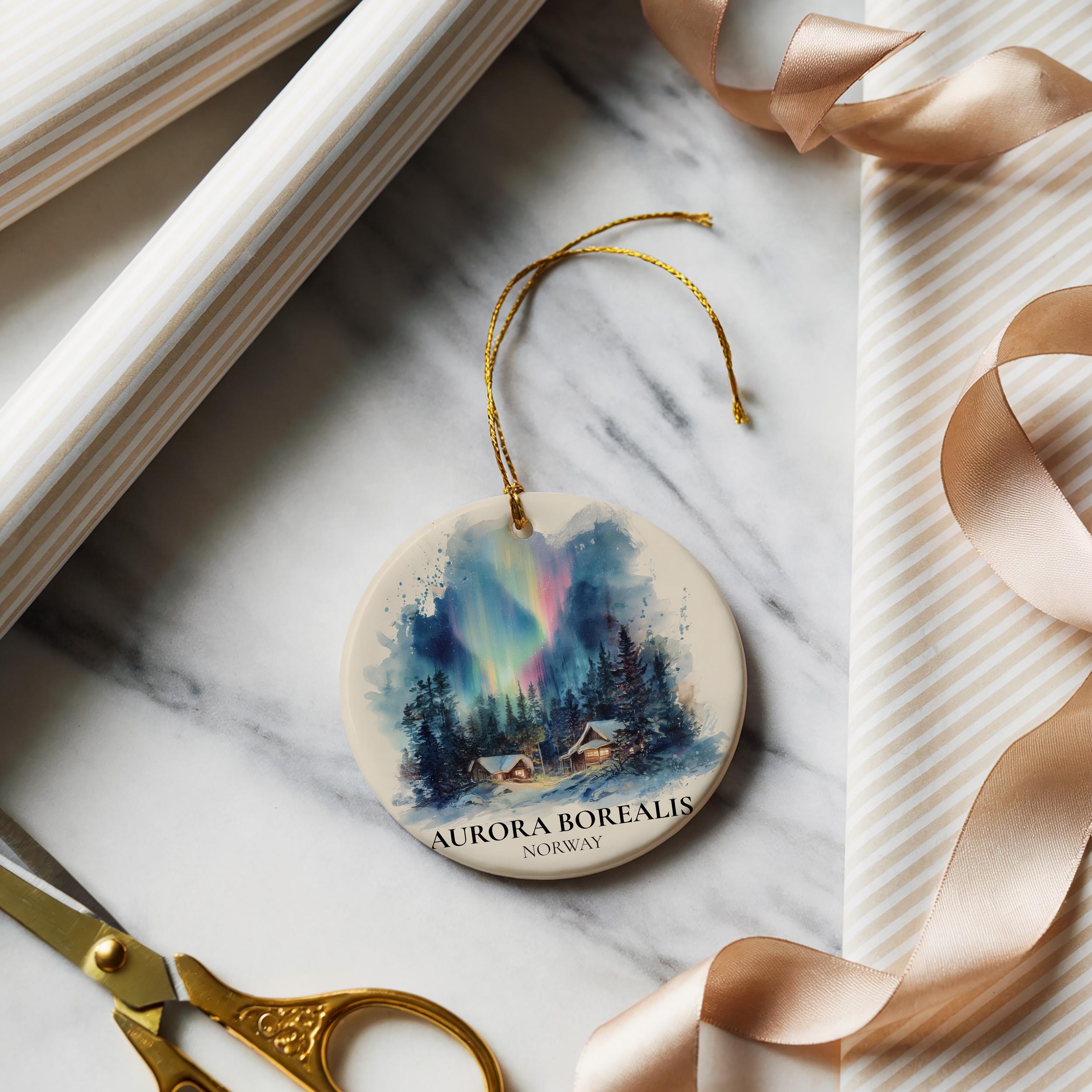 Aurora Borealis Norway Personalized Watercolor Ornament, Custom Ceramic Christmas gift, Travel Keepsake