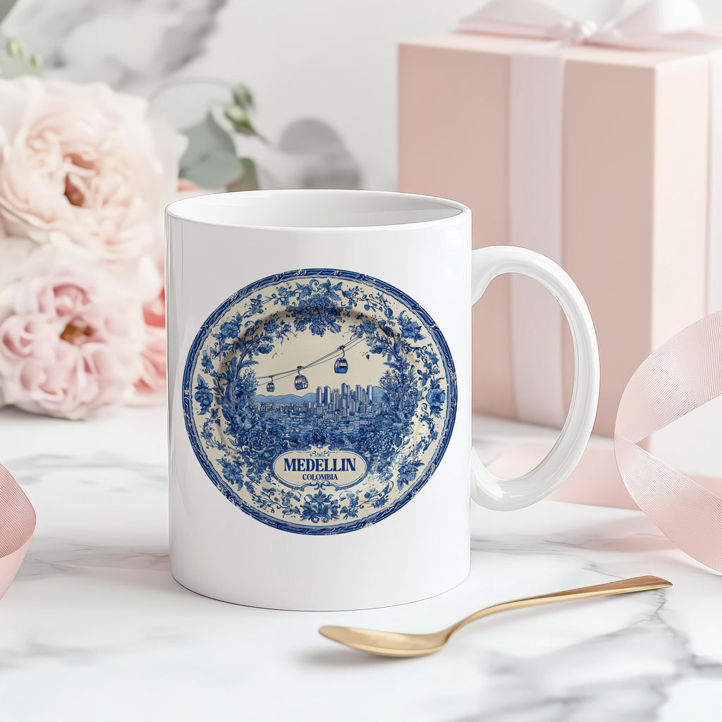 Medellin Colombia Mug, Custom Delft Style cup, Personalized Vintage Travel City Gift