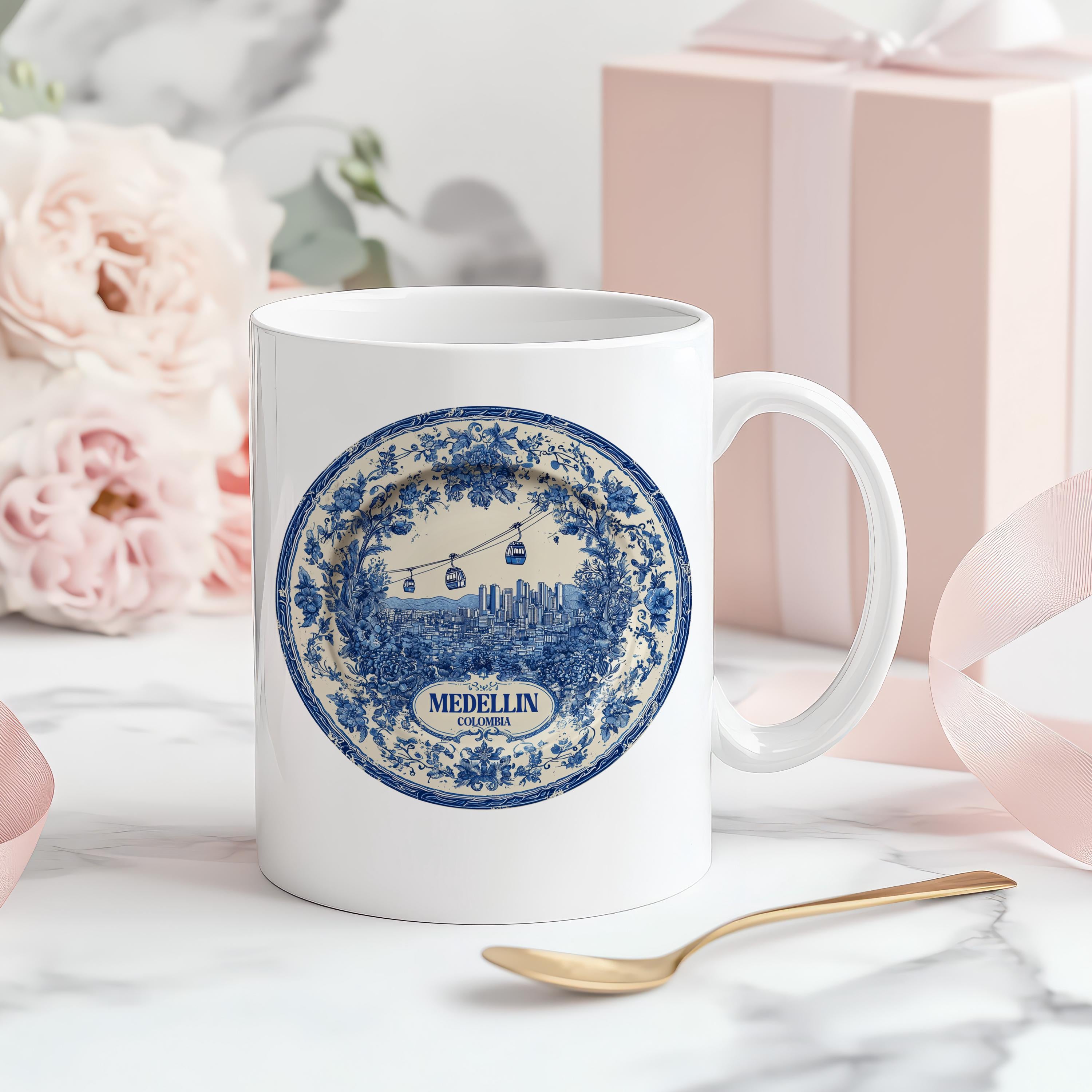 Medellin Colombia Mug, Custom Delft Style cup, Personalized Vintage Travel City Gift