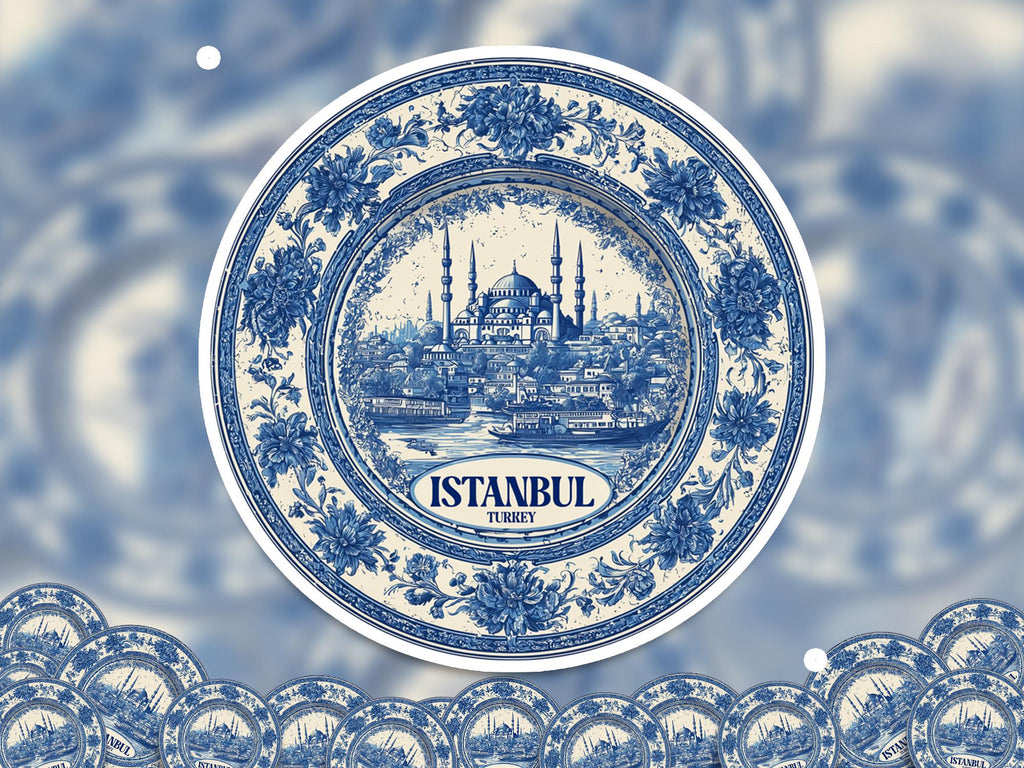 Istanbul Turkey Sticker Vintage Delft style, Delftware Decal Waterproof Vinyl, Blue City Travel