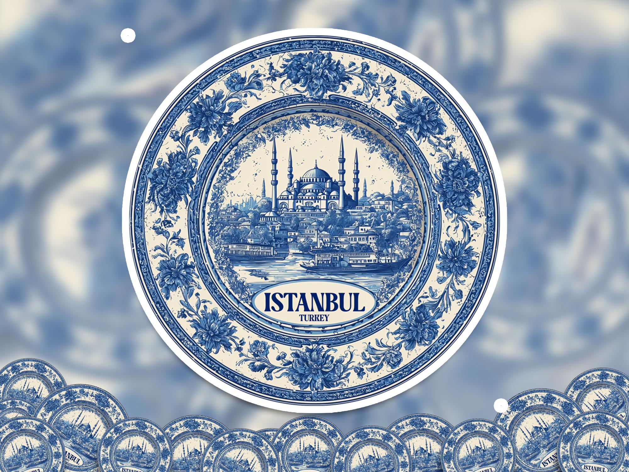 Istanbul Turkey Sticker Vintage Delft style, Delftware Decal Waterproof Vinyl, Blue City Travel