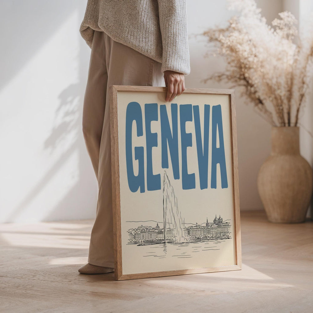 Geneva Switzerland Wall Minimalist Art, Vintage Travel Poster, Framed Canvas Print