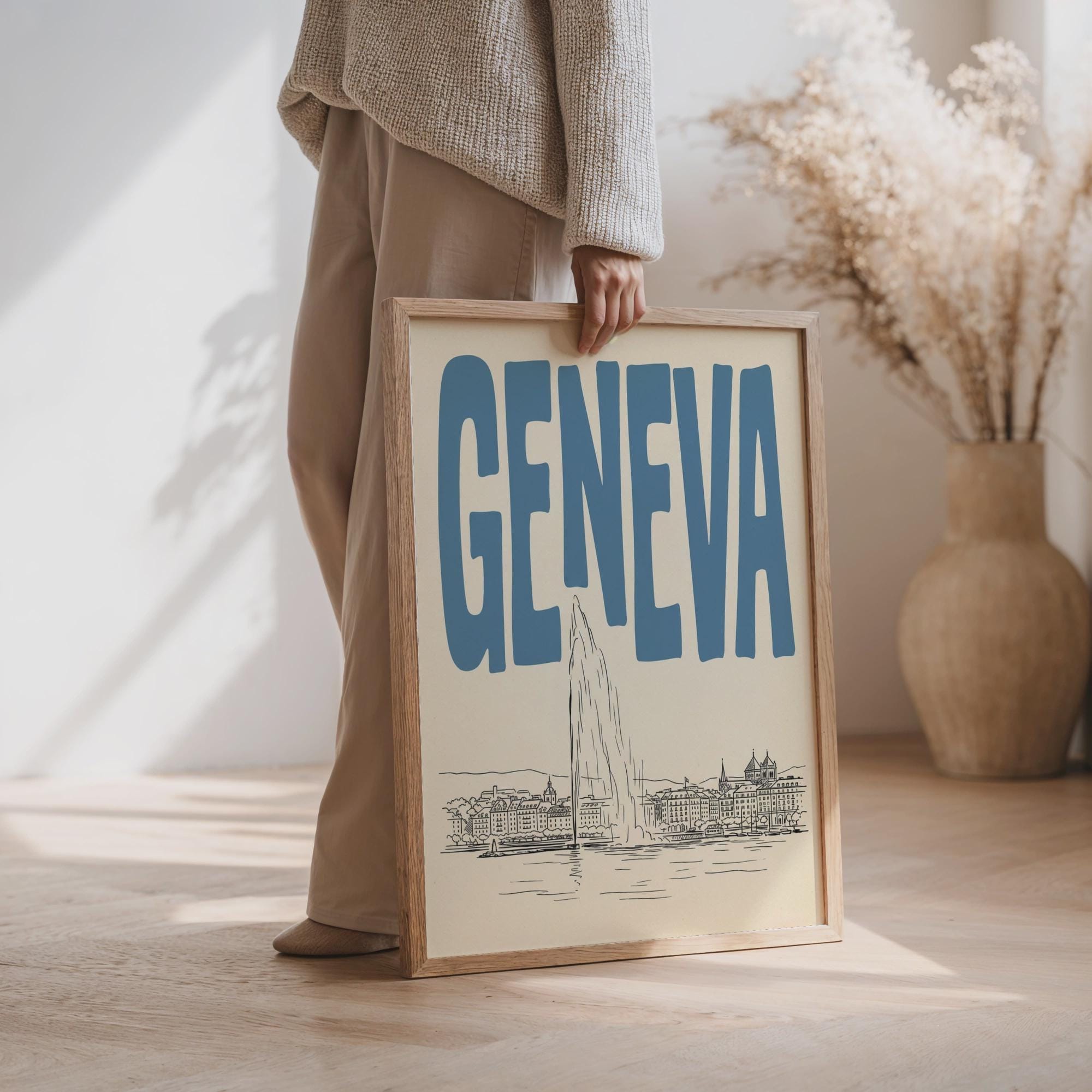 Geneva Switzerland Wall Minimalist Art, Vintage Travel Poster, Framed Canvas Print