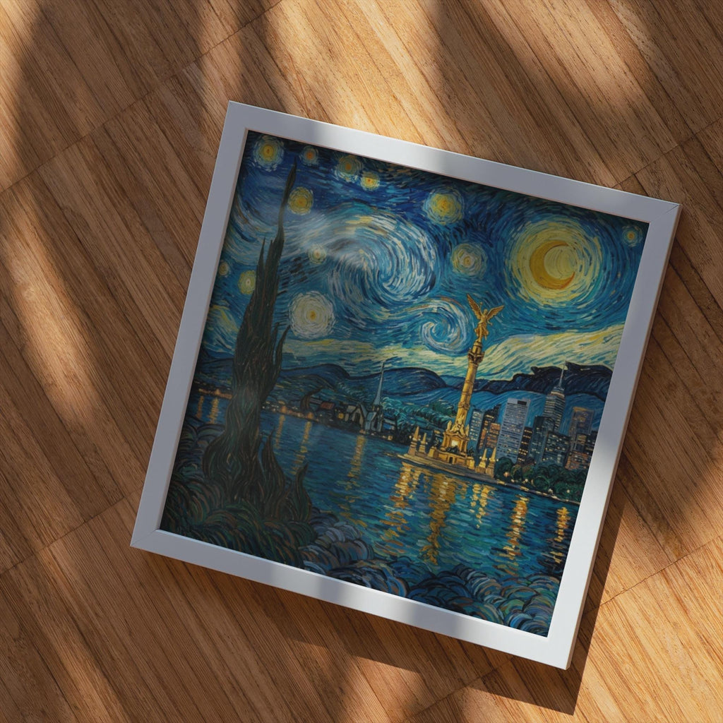 Mexico City Skyline Wall Art, Van Gogh Style Framed Canvas, Angel de la Independencia