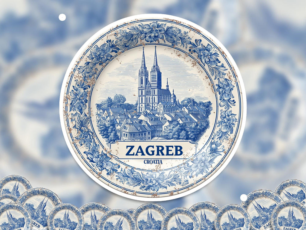Zagreb Croatia Sticker Vintage Delft style, Delftware Decal Waterproof Vinyl, Blue City Travel
