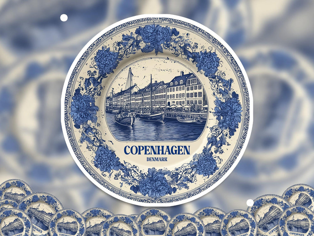 Copenhagen Denmark Sticker Vintage Delft style, Delftware Decal Waterproof Vinyl, Blue City Travel