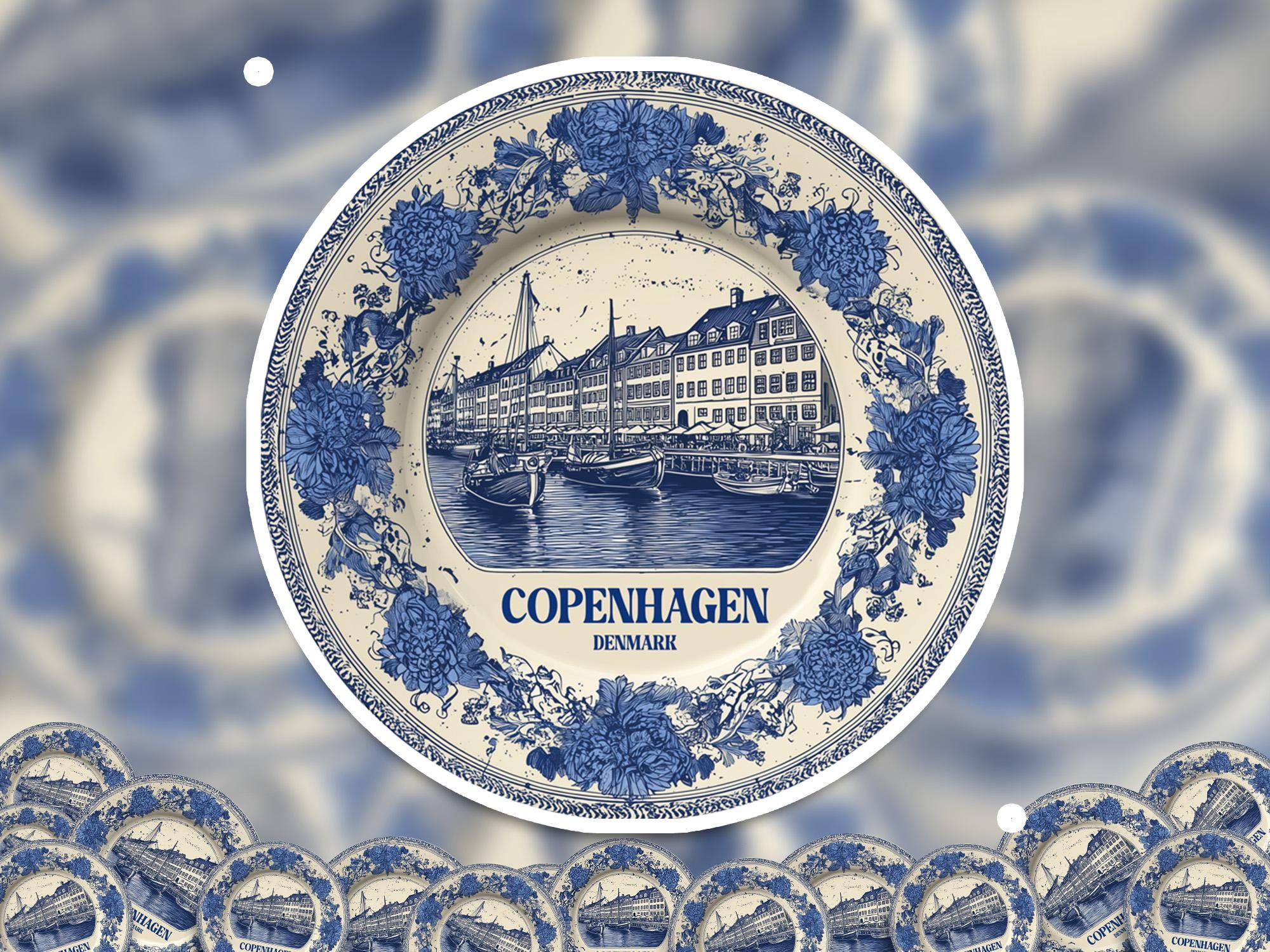 Copenhagen Denmark Sticker Vintage Delft style, Delftware Decal Waterproof Vinyl, Blue City Travel