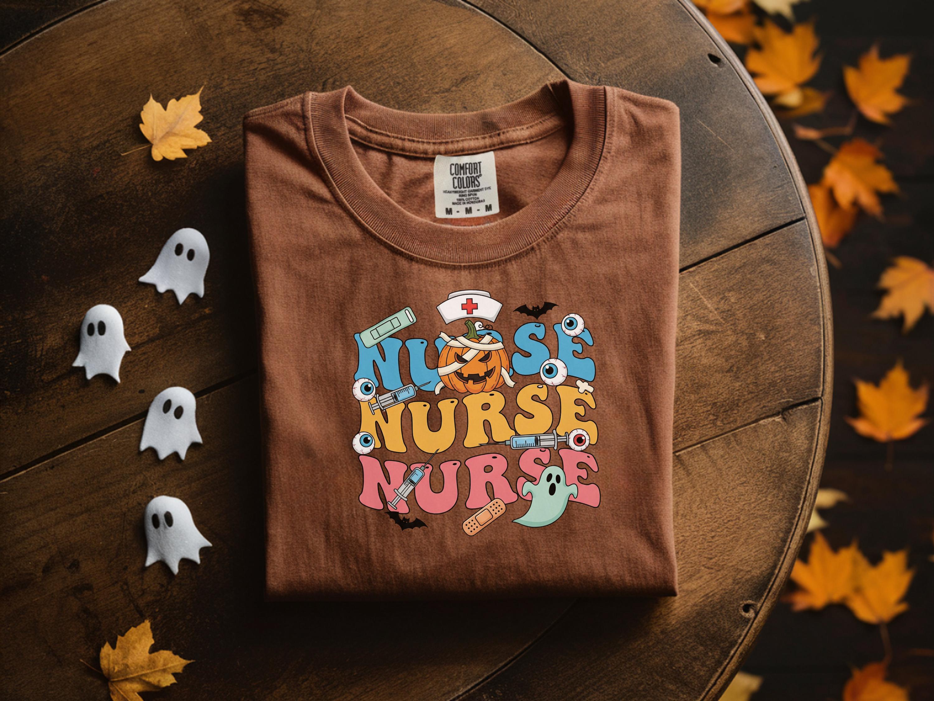 Vintage Nurse Halloween Colorful Sweatshirt, Cute Medical Fall Shirt with Ghosts, Pumpkin, and Eyeballs, Spooky Gift for Healthcare Nurse