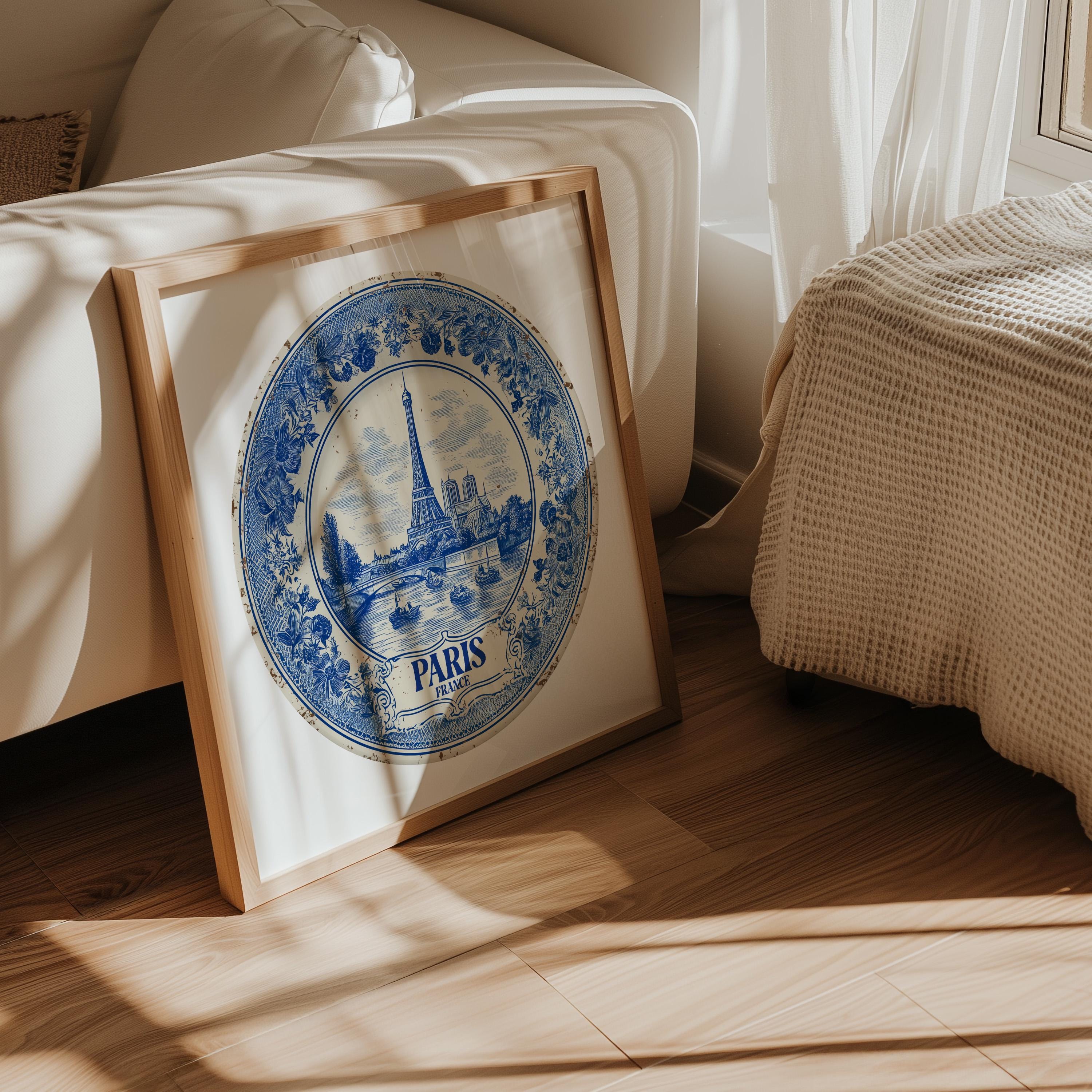 Paris France Wall Art, Vintage Delft Blue Poster, City Print, Travel Home Decor