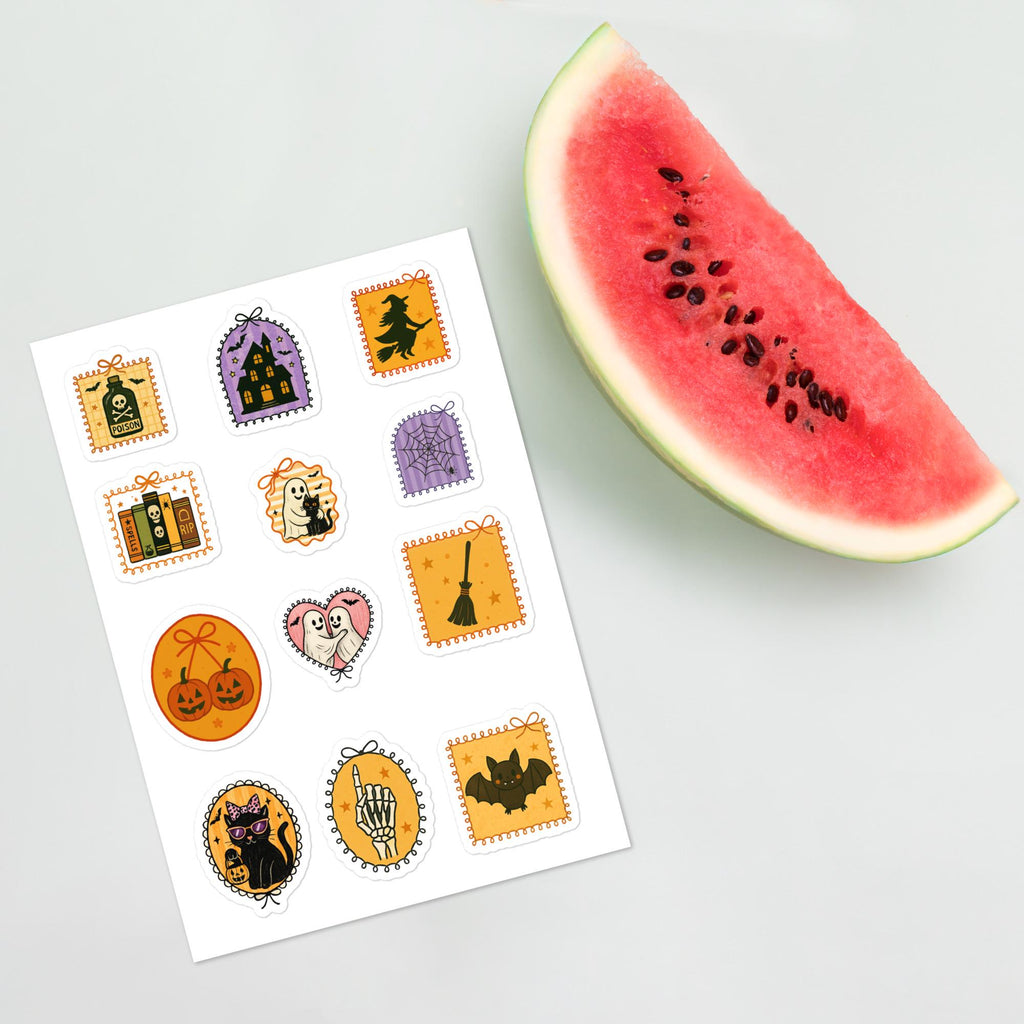 Vintage Halloween Sticker sheet, Spooky Retro ghost Witch Decal