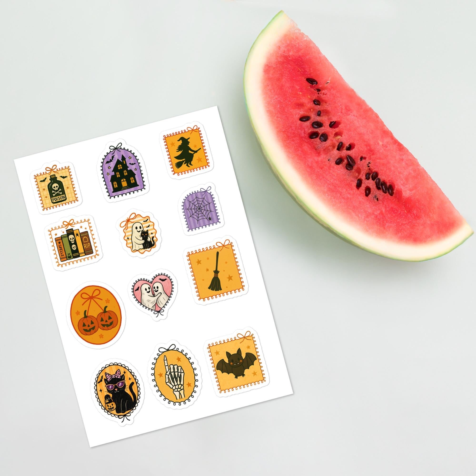 Vintage Halloween Sticker sheet, Spooky Retro ghost Witch Decal