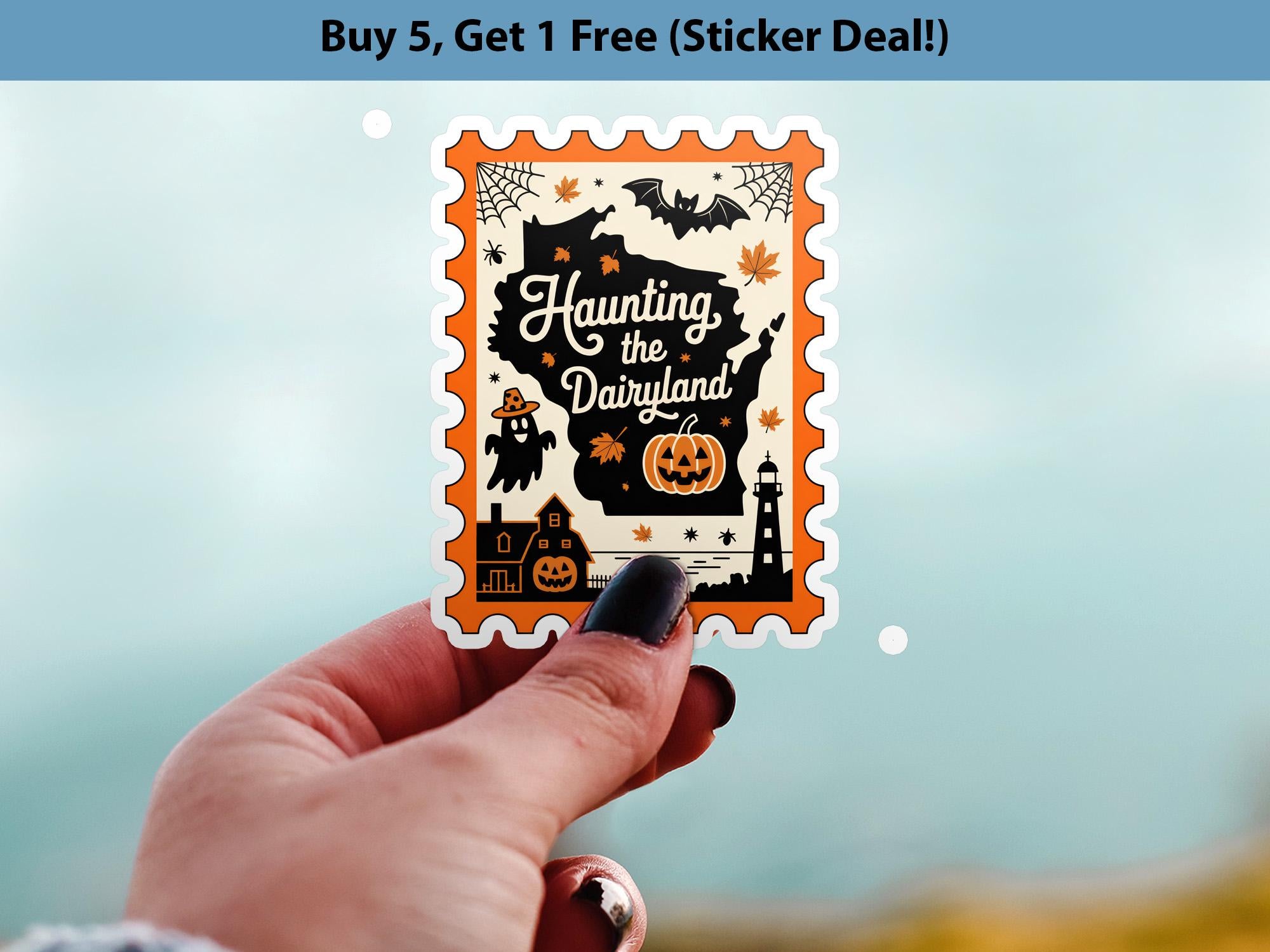 Wisconsin Stamp Halloween Sticker, Spooky USA Kiss-Cut Vinyl, Waterproof Decal, United States Travel