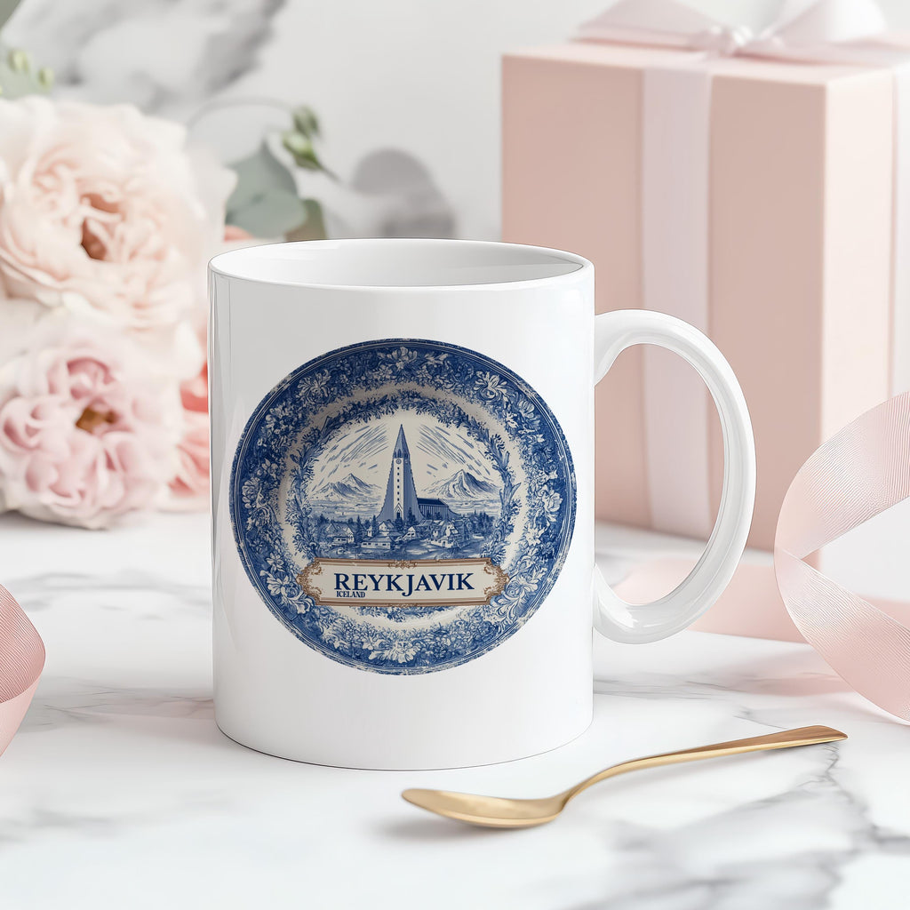 Reykjavik Iceland Mug, Custom Delft Style cup, Personalized Vintage Travel City Gift