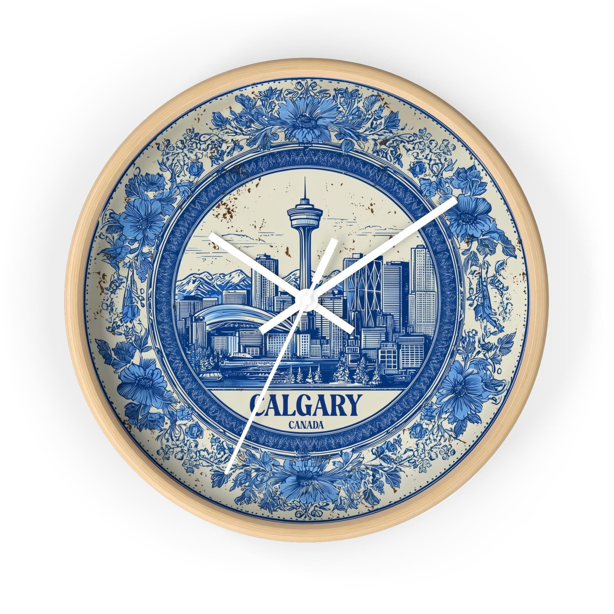 Calgary Canada Wall Clock, Delf style Home Decor, Vintage City Travel Keepsake Art
