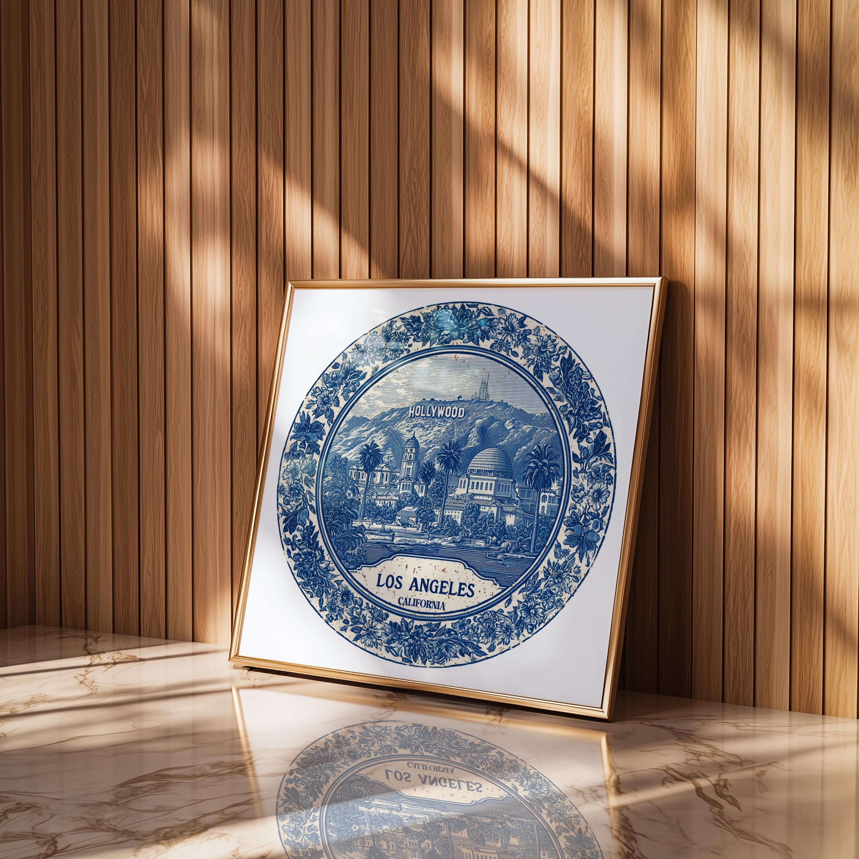 Los Angeles California Wall Art, Vintage Delft Blue Poster, City Print, Travel Home Decor