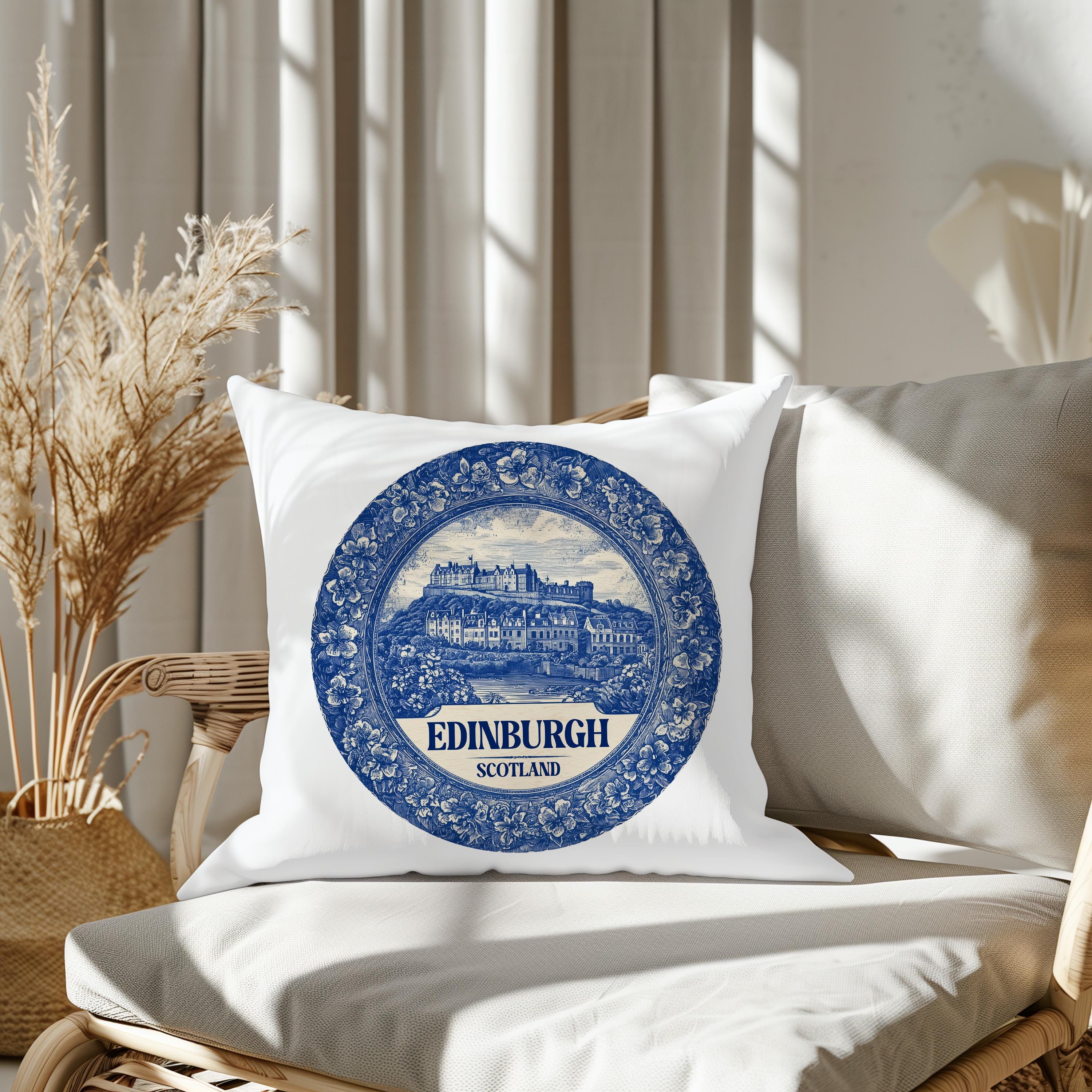 Edinburgh Scotland Pillowcase, Delft Style Decorative Throw Pillow, Vintage Cityscape Retro Home Decor
