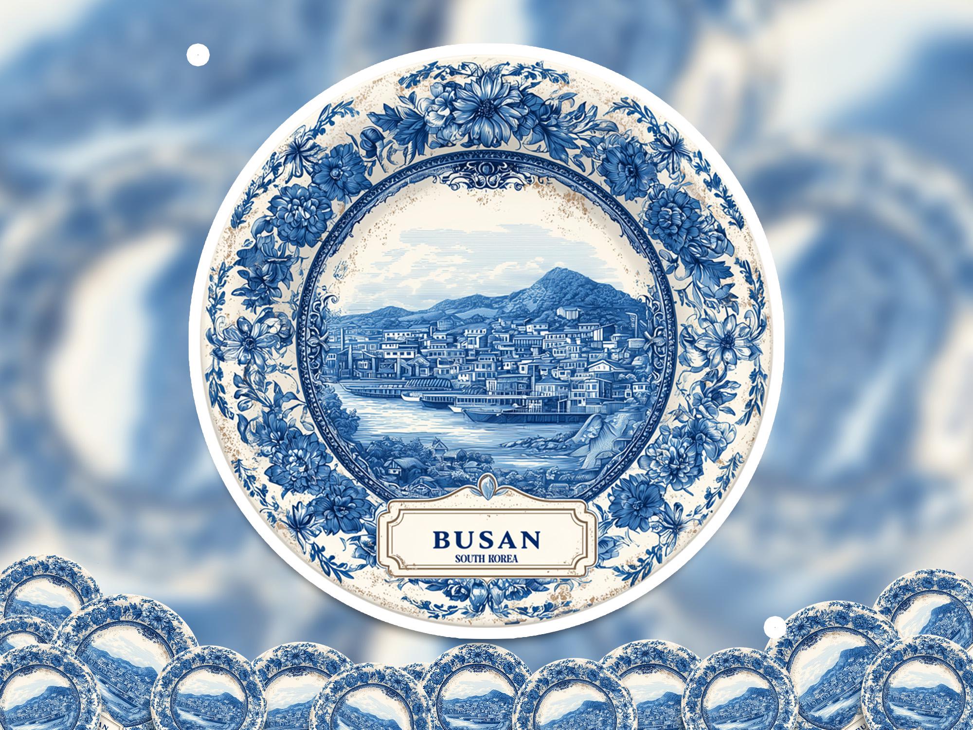 Busan South Korea Sticker Vintage Delft style, Delftware Decal Waterproof Vinyl, Blue City Travel