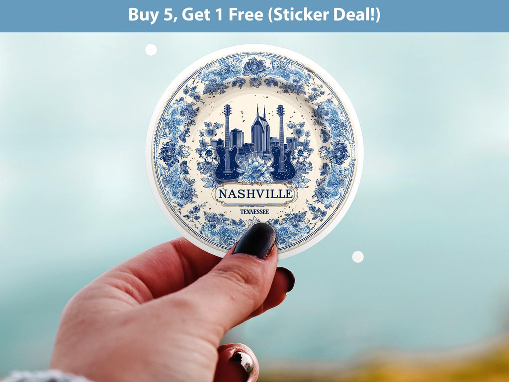Nashville Tennessee Sticker Vintage Delft style, Delftware Decal Waterproof Vinyl, Blue City Travel