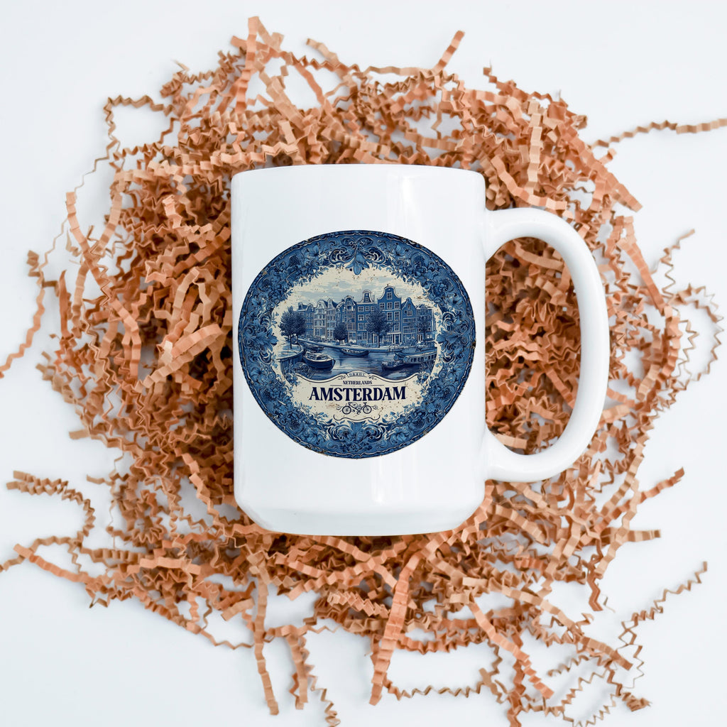 Amsterdam Netherlands Mug, Custom Delft Style cup, Personalized Vintage Travel City Gift