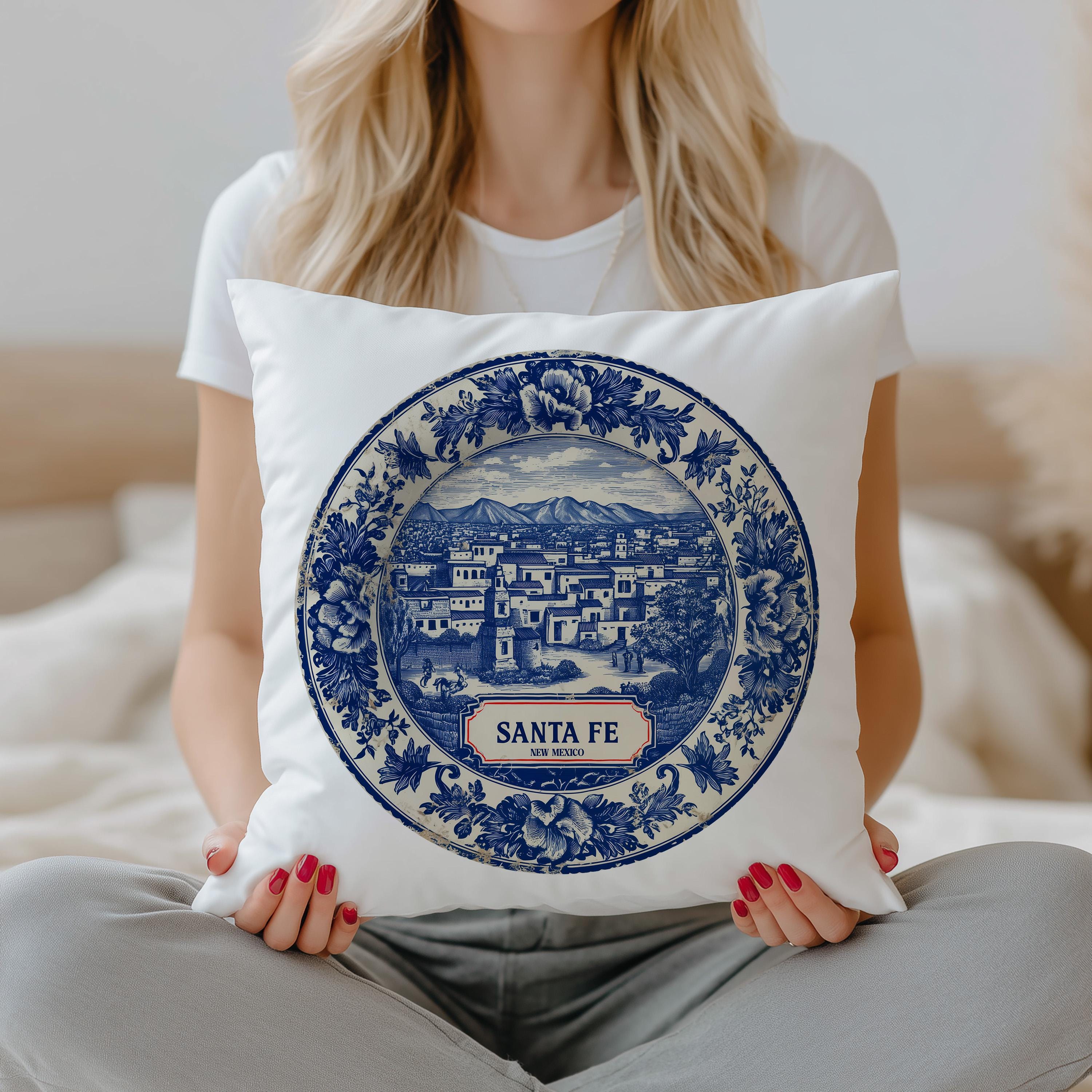 Santa Fe New Mexico Pillowcase, Delft Style Decorative Throw Pillow, Vintage Cityscape Retro Home Decor