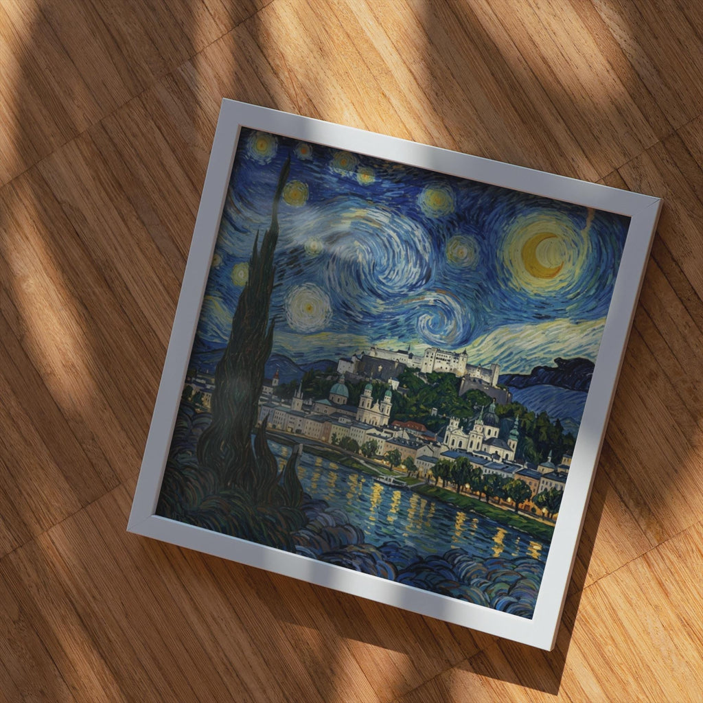 Salzburg Starry Night Wall Art, Van Gogh Style Framed Canvas, Austria City Print