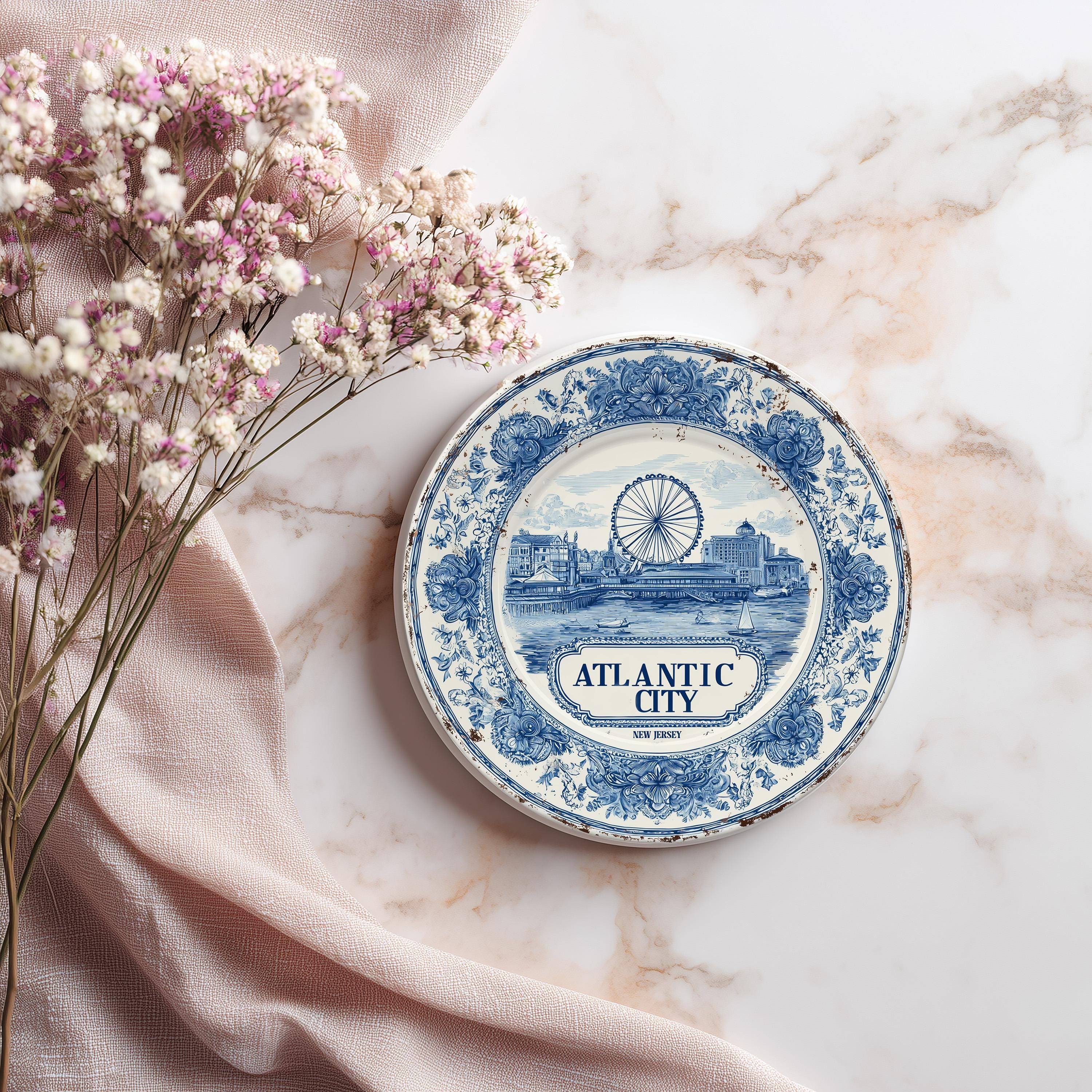 Atlantic City New Jersey Delftware Ceramic Coaster, Blue White Travel Gift, Vintage Home Decor