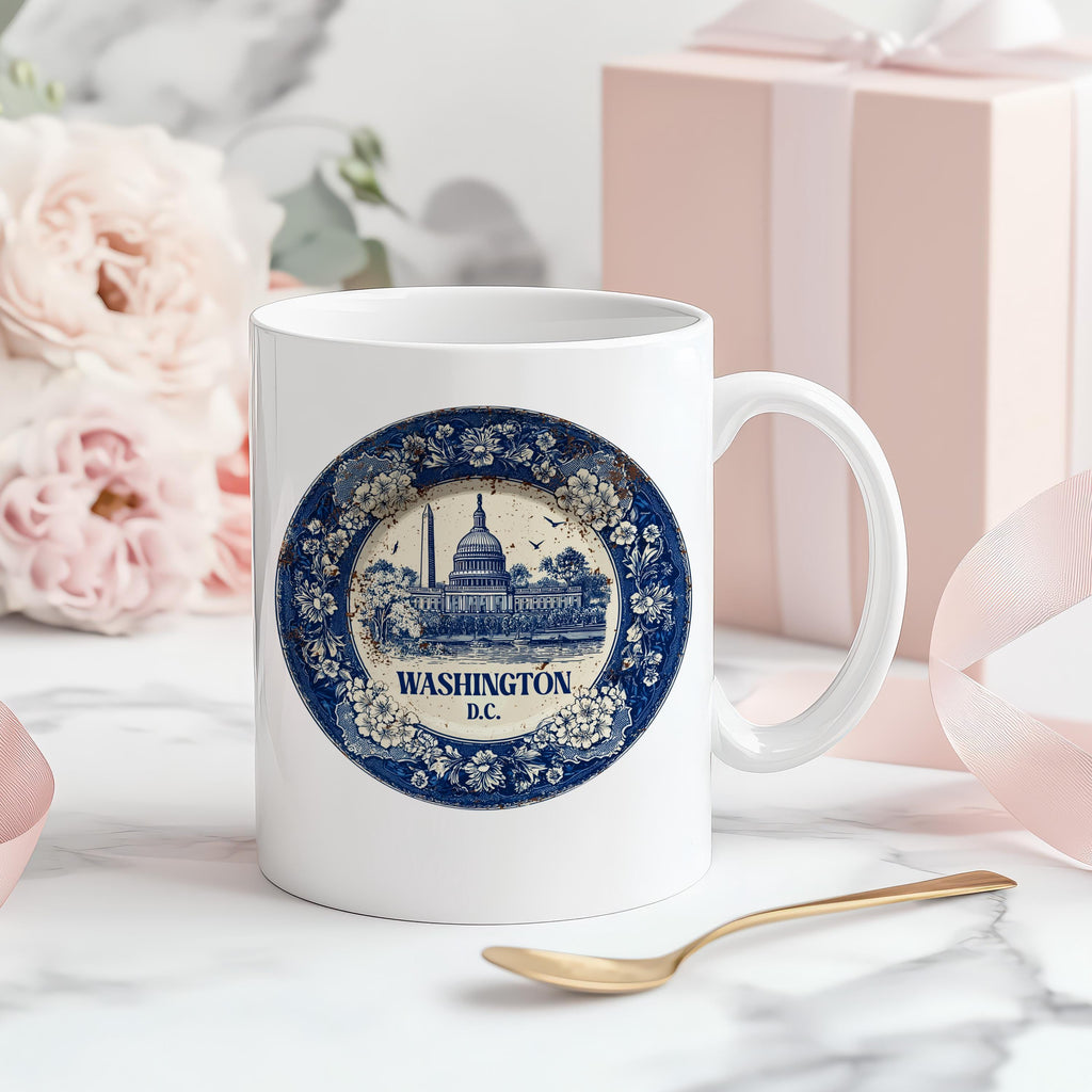 Washington DC Mug, Custom Delft Style cup, Personalized Vintage Travel City Gift