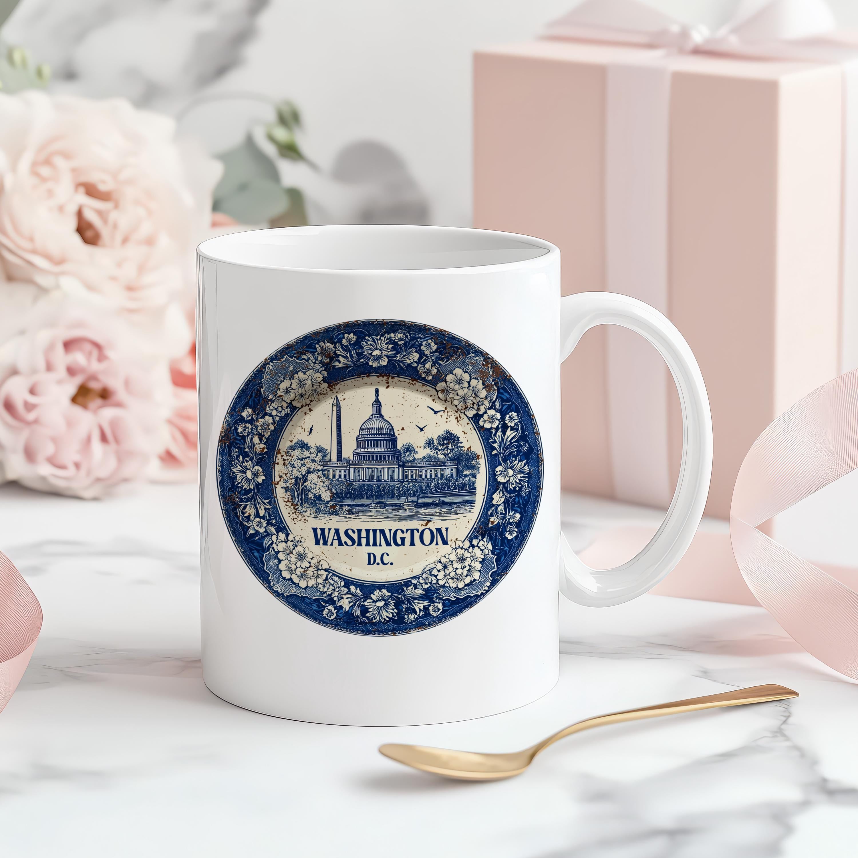 Washington DC Mug, Custom Delft Style cup, Personalized Vintage Travel City Gift