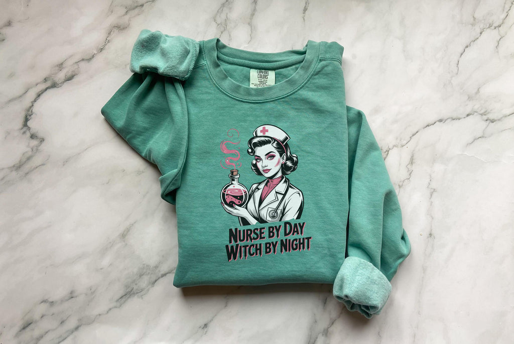 Nurse by Day Witch by Night Halloween Nurse Sweatshirt, Spooky RN Fall Top Cozy Autumn Pullover, Cute Retro Gift for Nurse