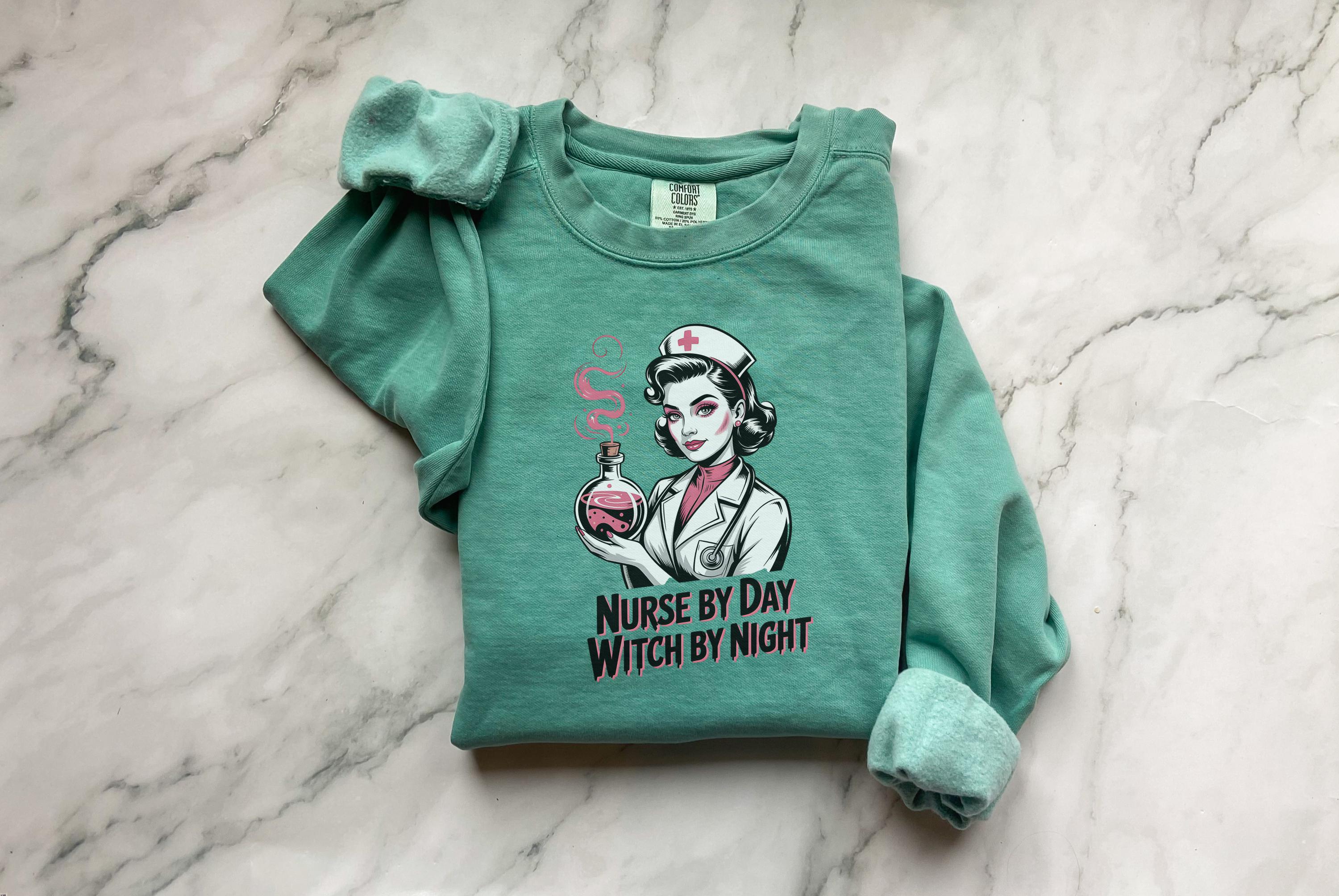 Nurse by Day Witch by Night Halloween Nurse Sweatshirt, Spooky RN Fall Top Cozy Autumn Pullover, Cute Retro Gift for Nurse