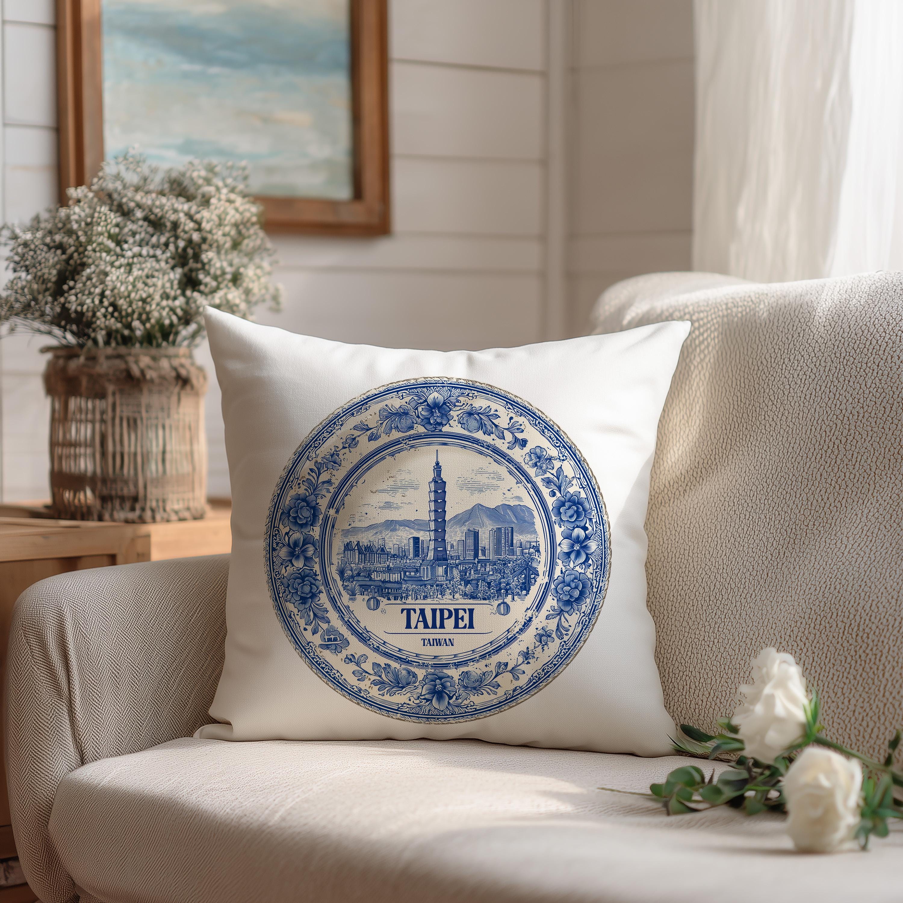 Taipei Taiwan Pillowcase, Delft Style Decorative Throw Pillow, Vintage Cityscape Retro Home Decor