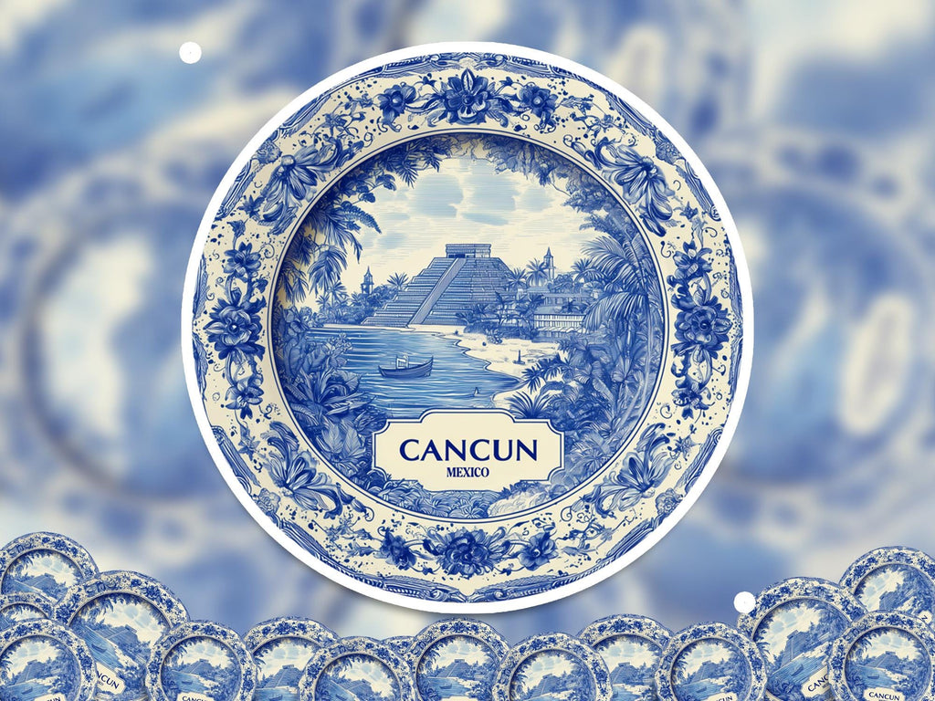 Cancun Mexico Sticker Vintage Delft style, Delftware Decal Waterproof Vinyl, Blue City Travel