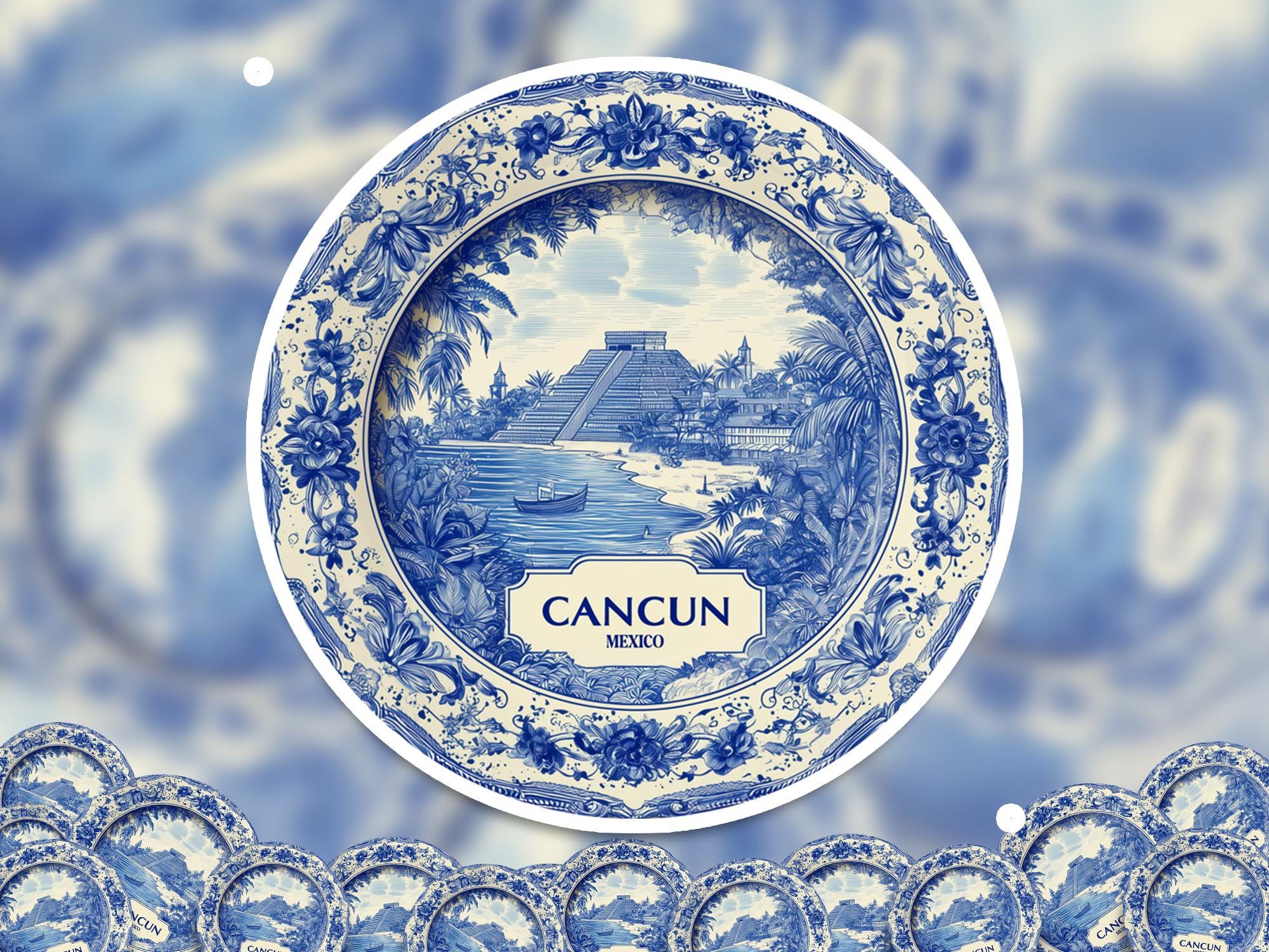 Cancun Mexico Sticker Vintage Delft style, Delftware Decal Waterproof Vinyl, Blue City Travel