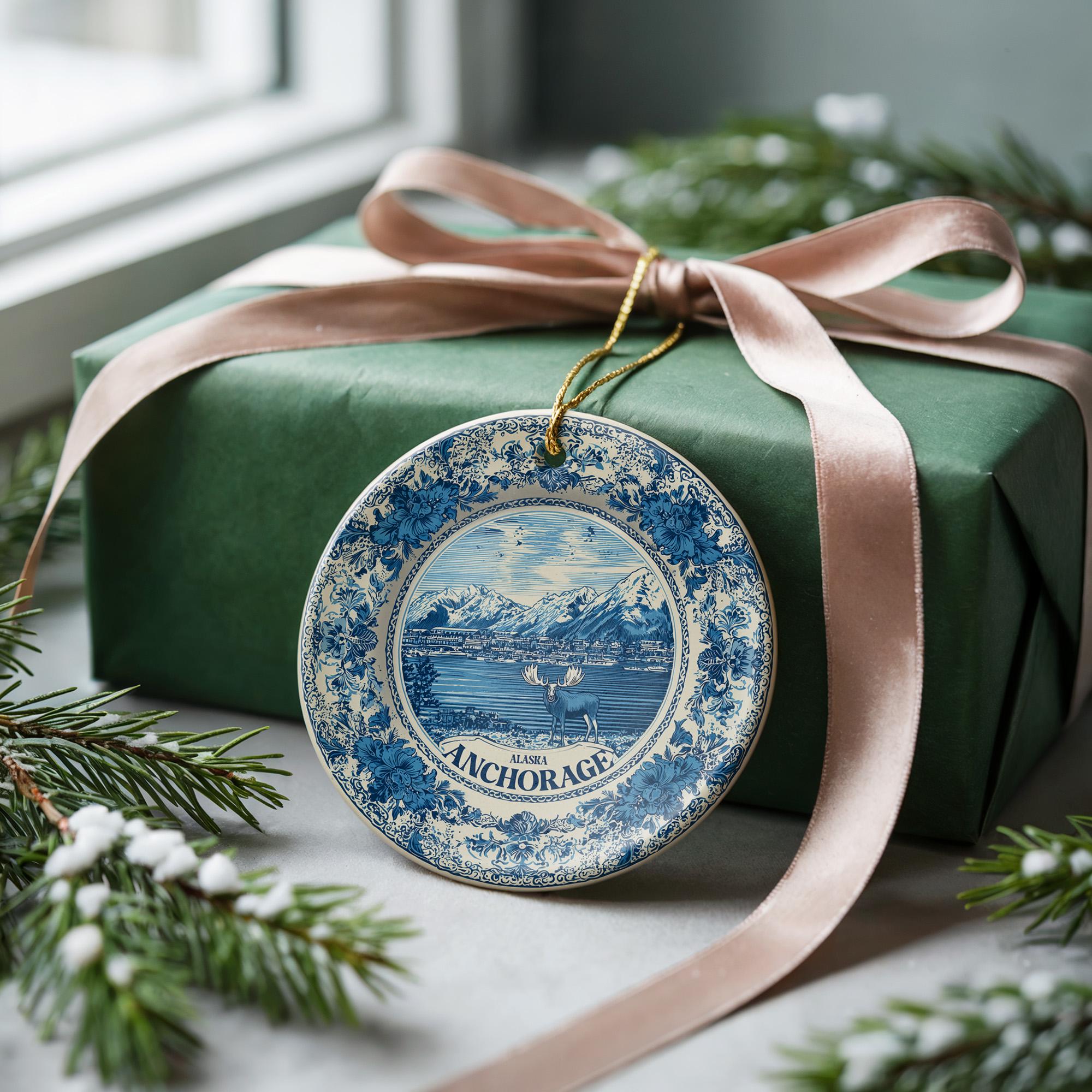 Custom Anchorage Alaska Ceramic Delft Ornament, Christmas Delftware Blue Delftware city travel