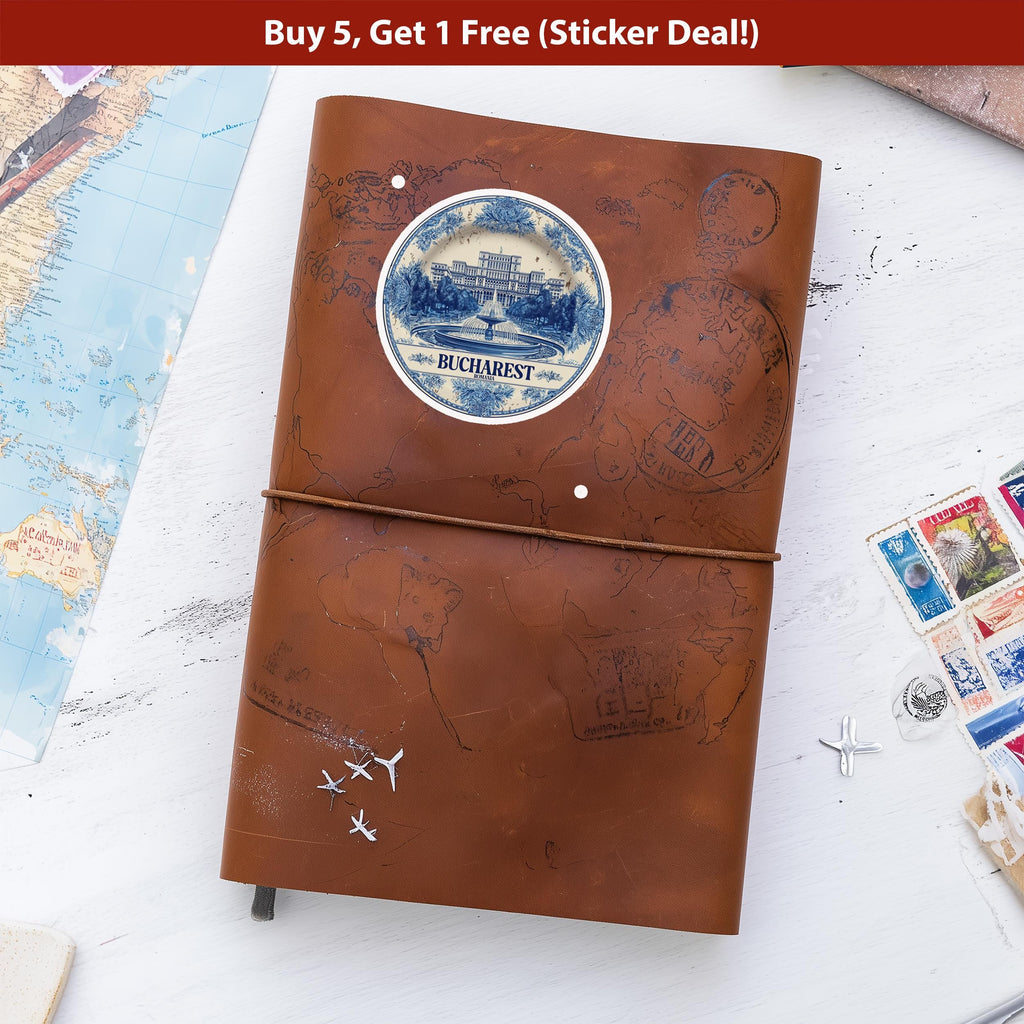 Bucharest Romania Sticker Vintage Delft style, Delftware Decal Waterproof Vinyl, Blue City Travel