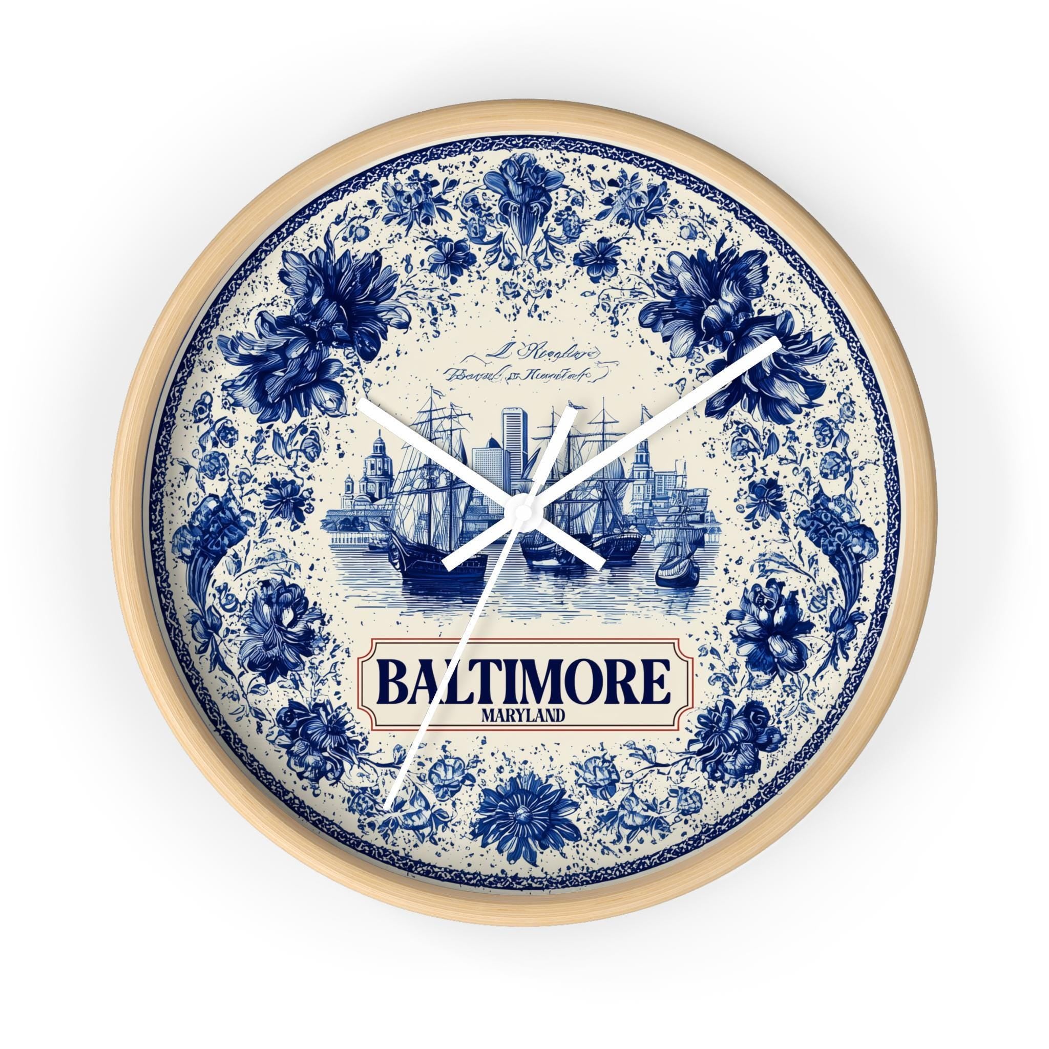 Baltimore Maryland Wall Clock, Delf style Home Decor, Vintage City Travel Keepsake Art