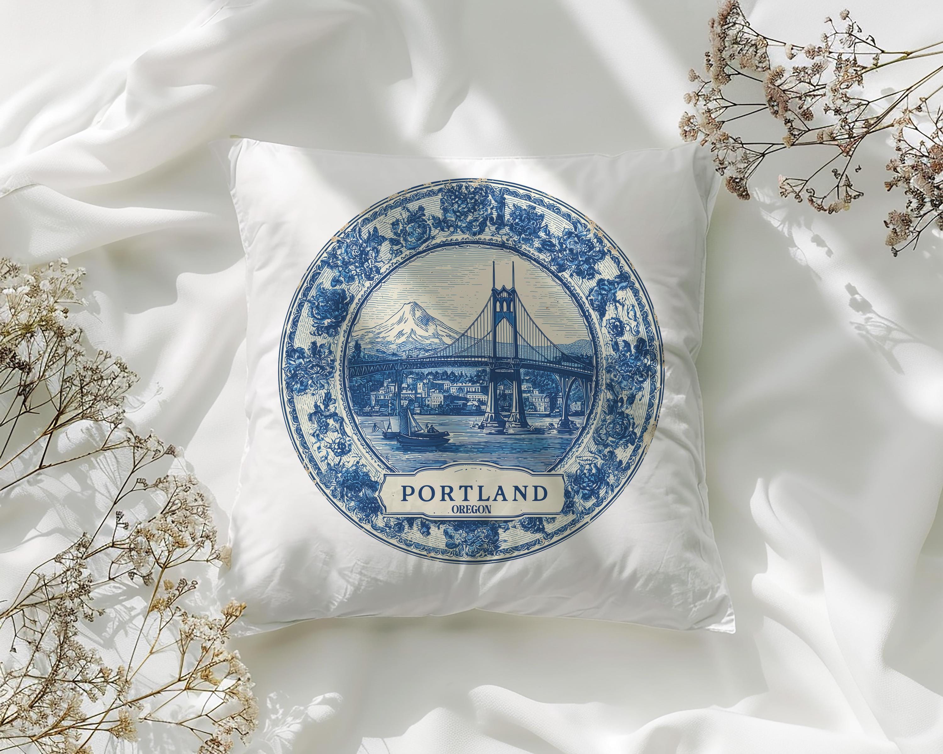 Portland Oregon Pillowcase, Delft Style Decorative Throw Pillow, Vintage Cityscape Retro Home Decor