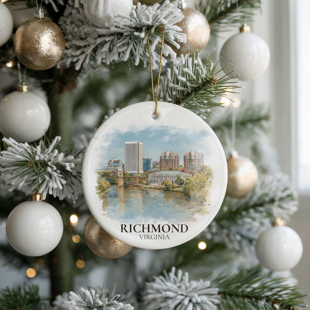 Richmond Virginia Personalized Watercolor Ornament, Custom Ceramic Christmas gift, Travel Keepsake