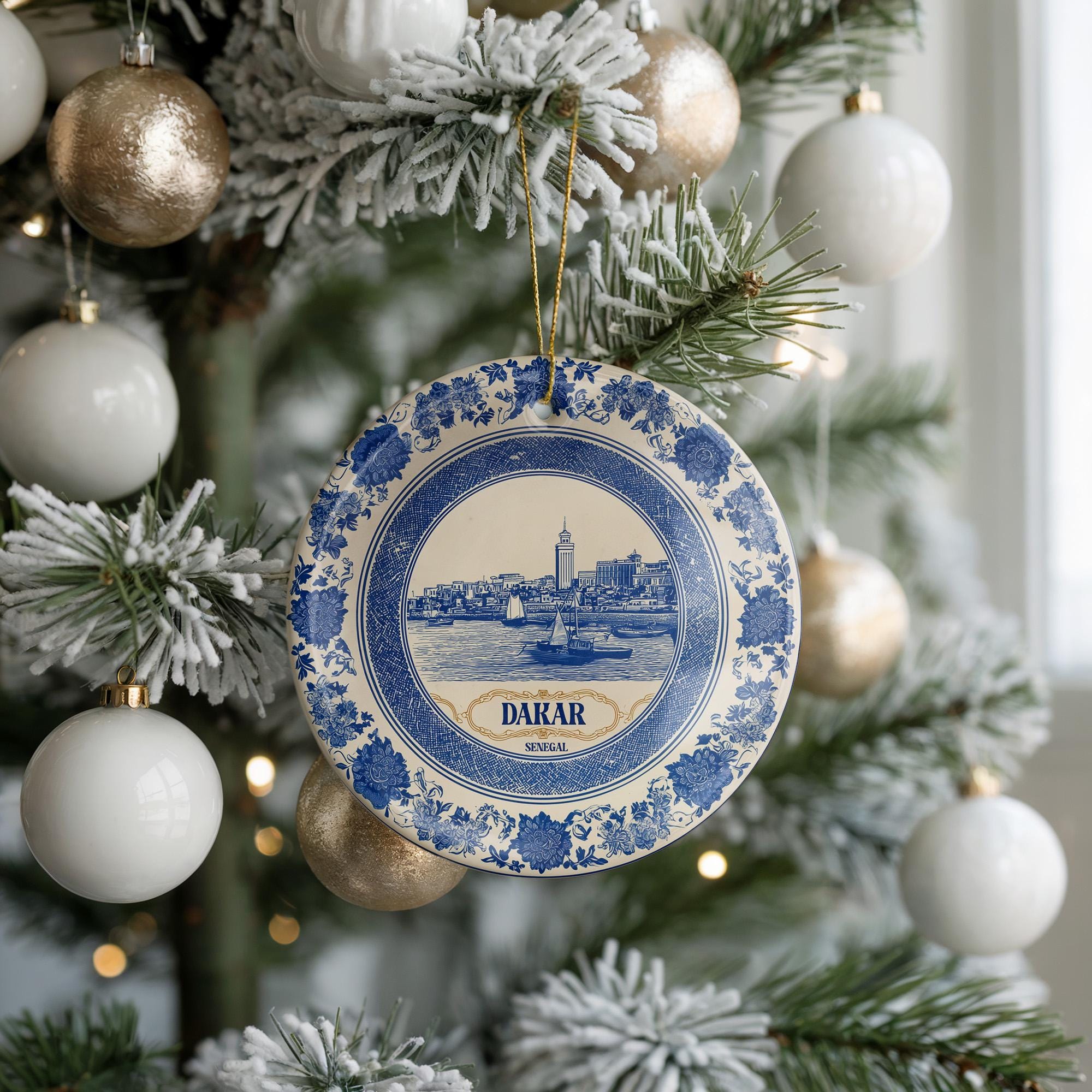 Custom Dakar Senegal Ceramic Delft Ornament, Christmas Delftware Blue Delftware city travel