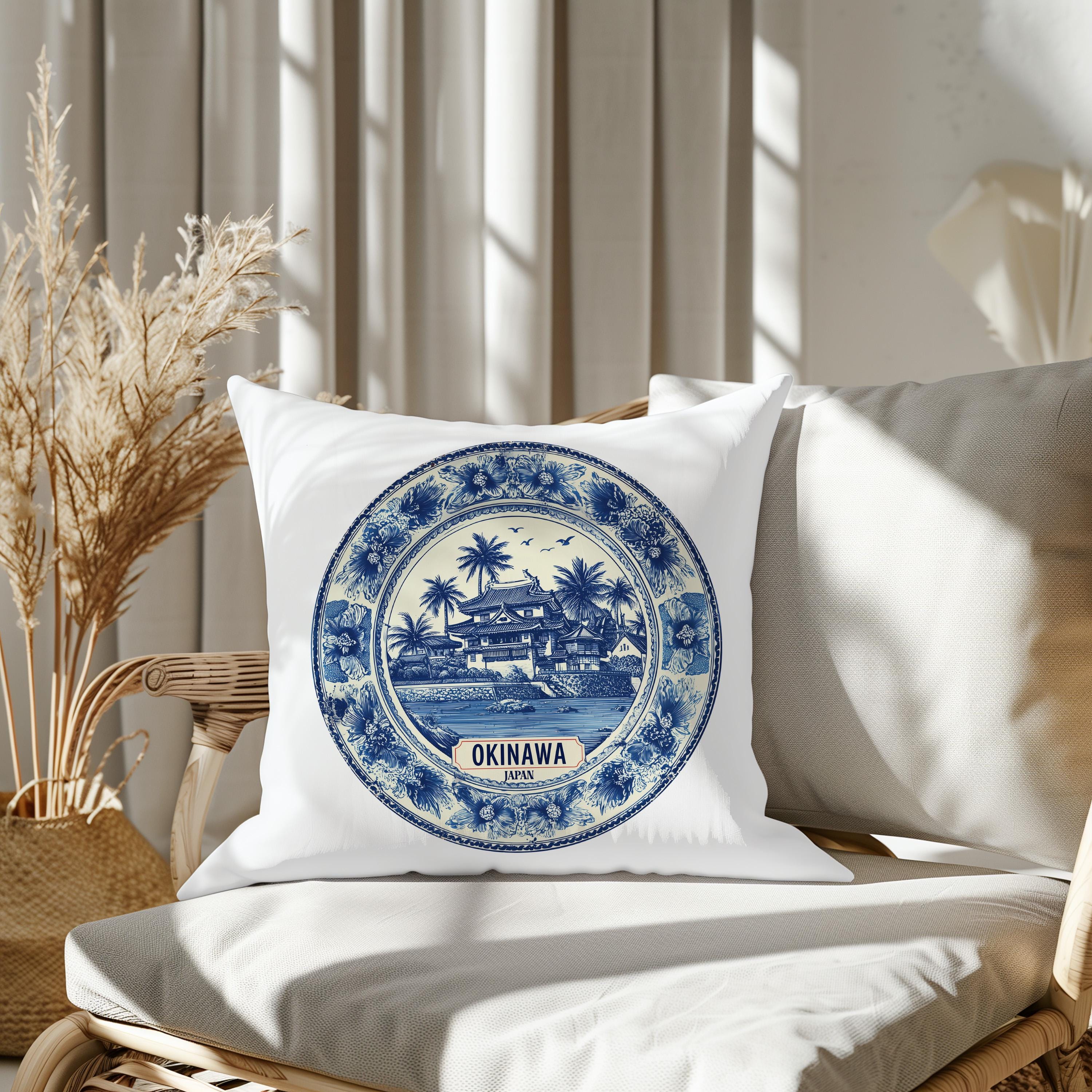 Okinawa Japan Pillowcase, Delft Style Decorative Throw Pillow, Vintage Cityscape Retro Home Decor
