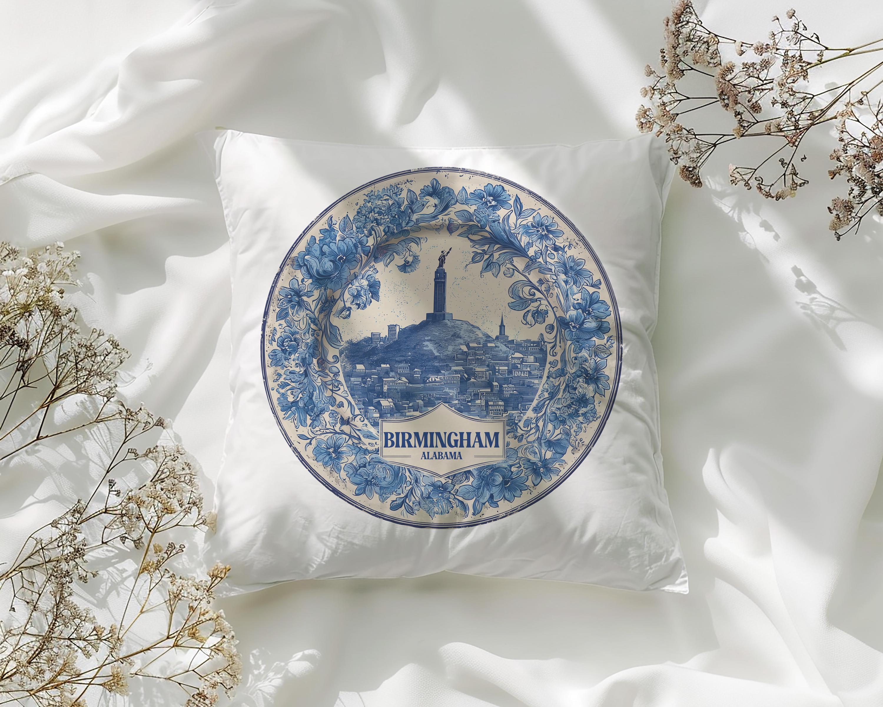 Birmingham Alabama Pillowcase, Delft Style Decorative Throw Pillow, Vintage Cityscape Retro Home Decor