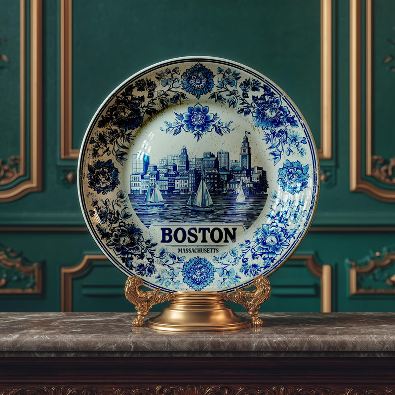 Boston Decorative Plate, Delft Vintage Home Decor Personalized Gift Travel Housewarming