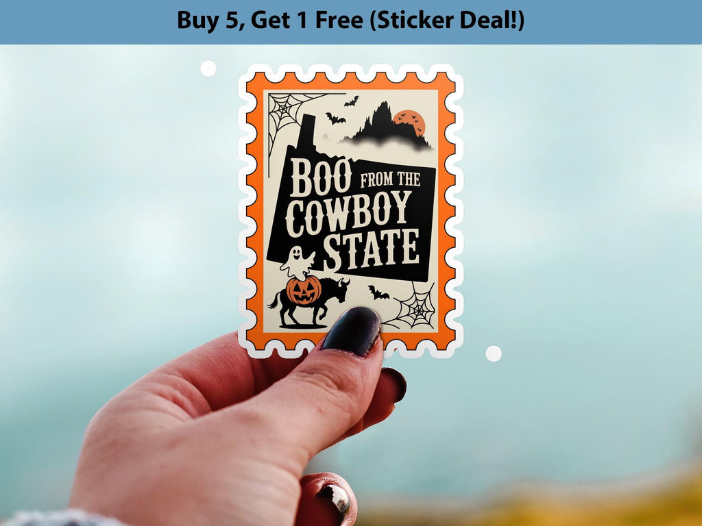 Wyoming Stamp Halloween Sticker, Spooky USA Kiss-Cut Vinyl, Waterproof Decal, United States Travel