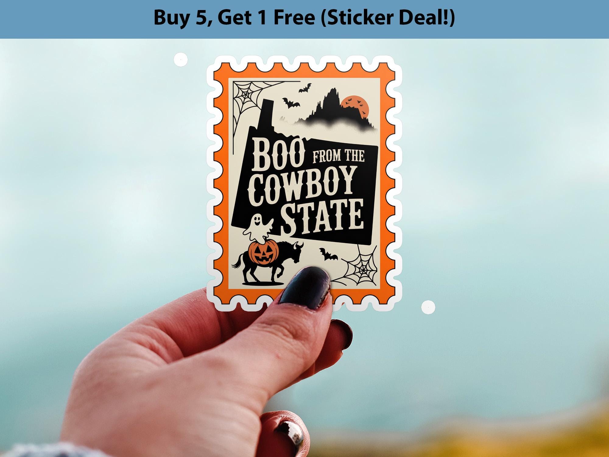 Wyoming Stamp Halloween Sticker, Spooky USA Kiss-Cut Vinyl, Waterproof Decal, United States Travel