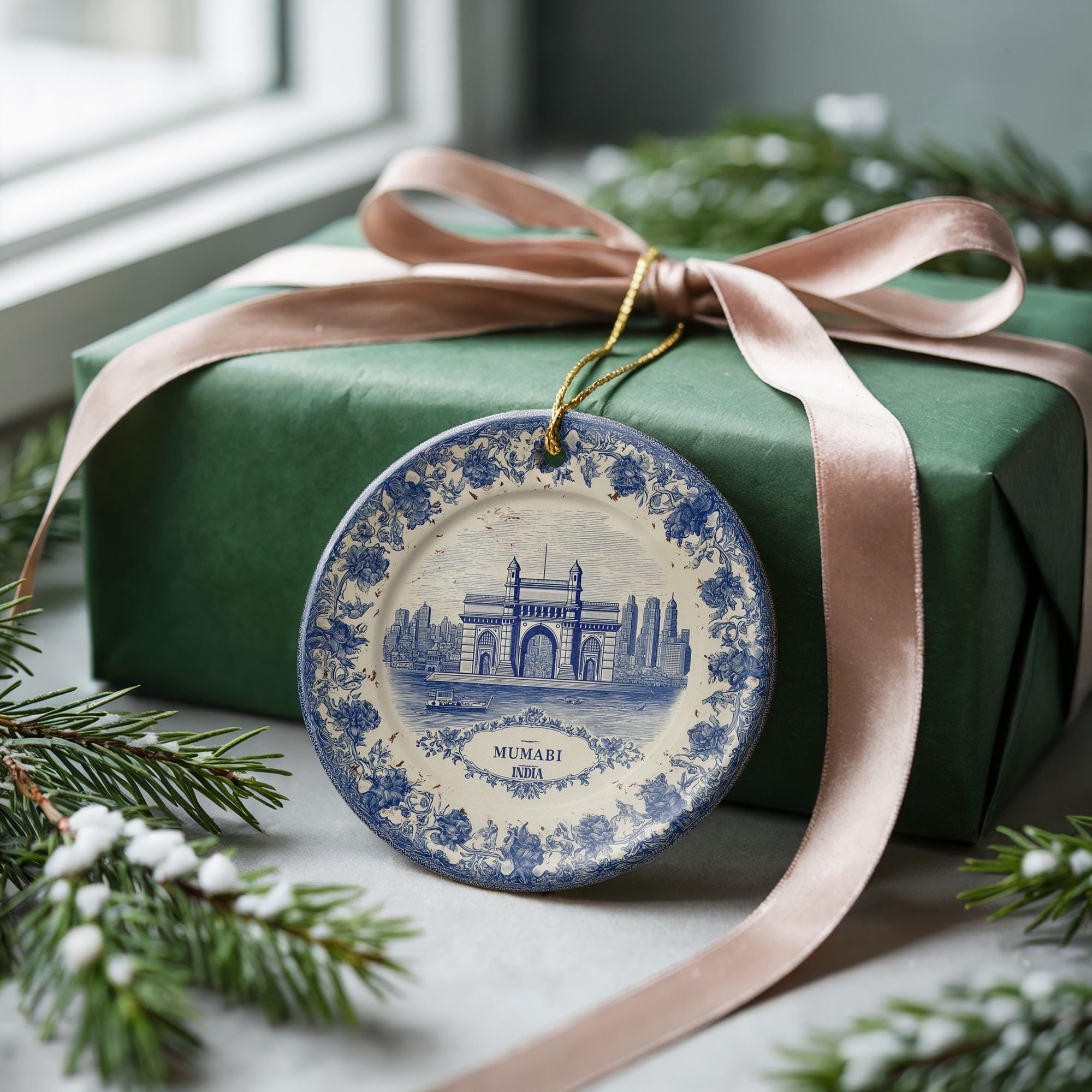 Custom Mumbai India Ceramic Delft Ornament, Christmas Delftware Blue Delftware city travel