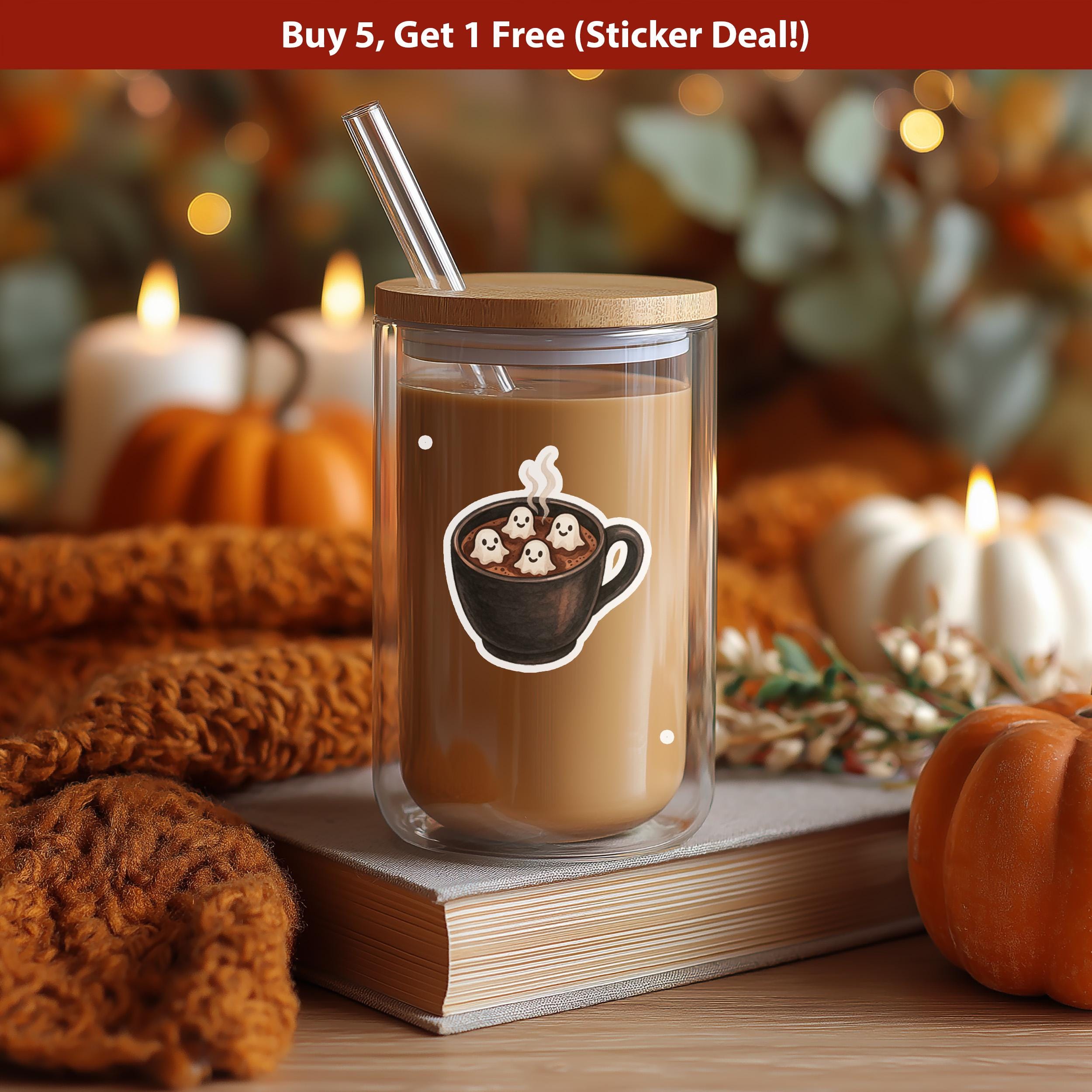 Ghost Coffee Halloween Sticker, Spooky Kiss-Cut Vinyl, Cozy fall Waterproof Decal
