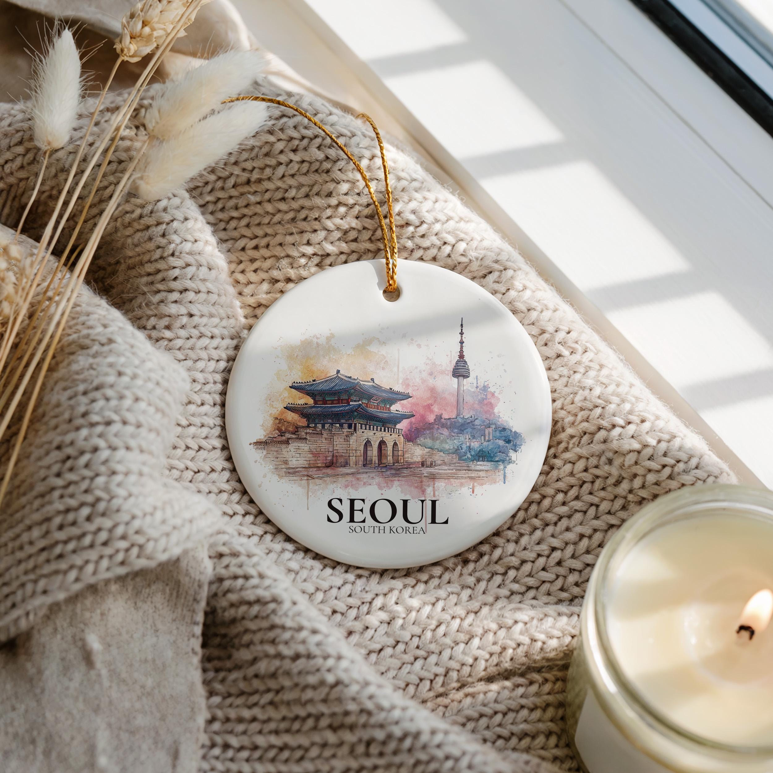 Seoul South Korea Personalized Watercolor Ornament, Custom Ceramic Christmas gift, Travel Keepsake
