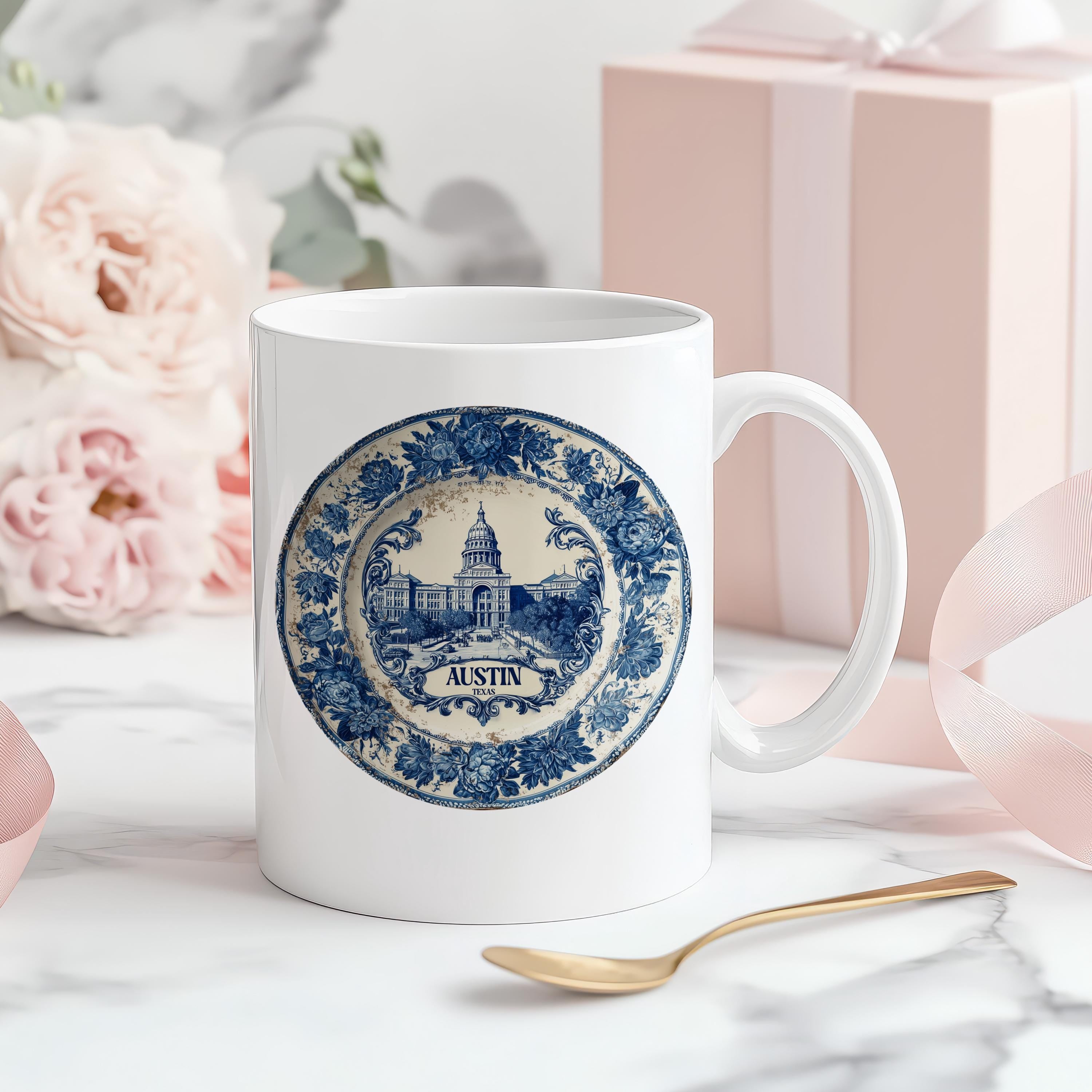 Austin Texas Mug, Custom Delft Style cup, Personalized Vintage Travel City Gift